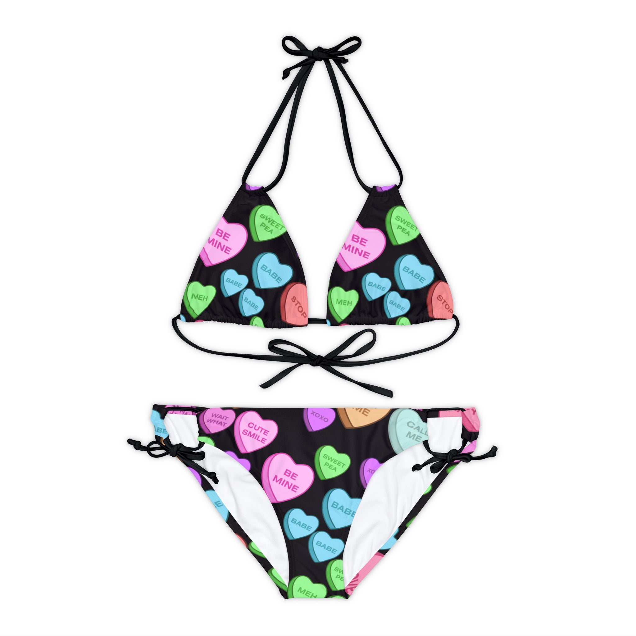 Strappy bikini set candy heart sweet valentine message black