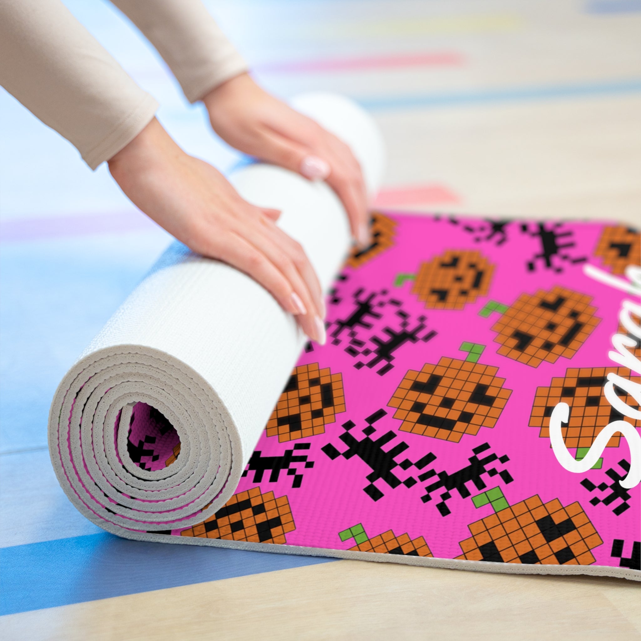 Custom name foam yoga mat pumpkin spider pixel halloween pink