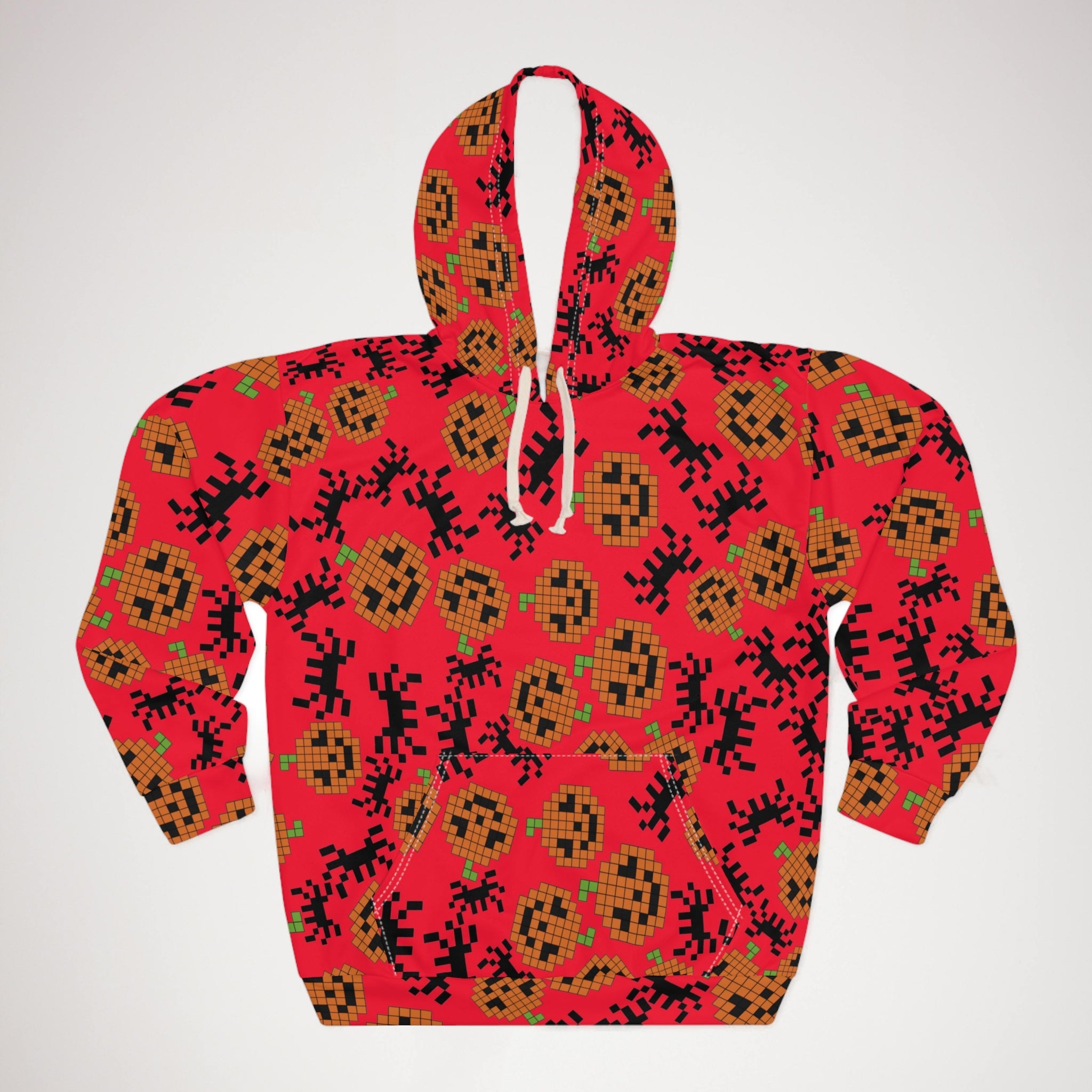 Unisex pullover hoodie pumpkin spider pixel halloween red