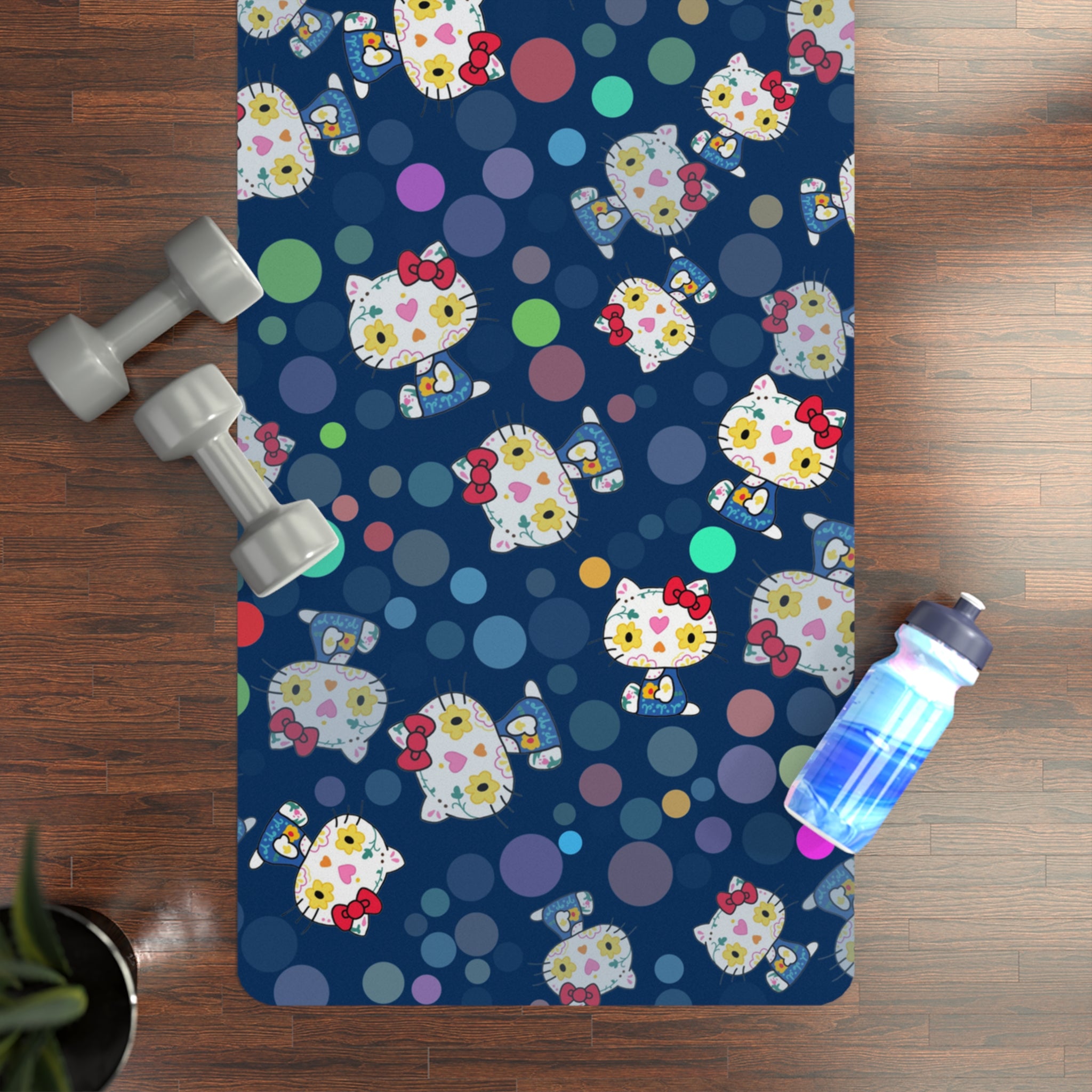 Rubber yoga mat kitty flower polka dots blue