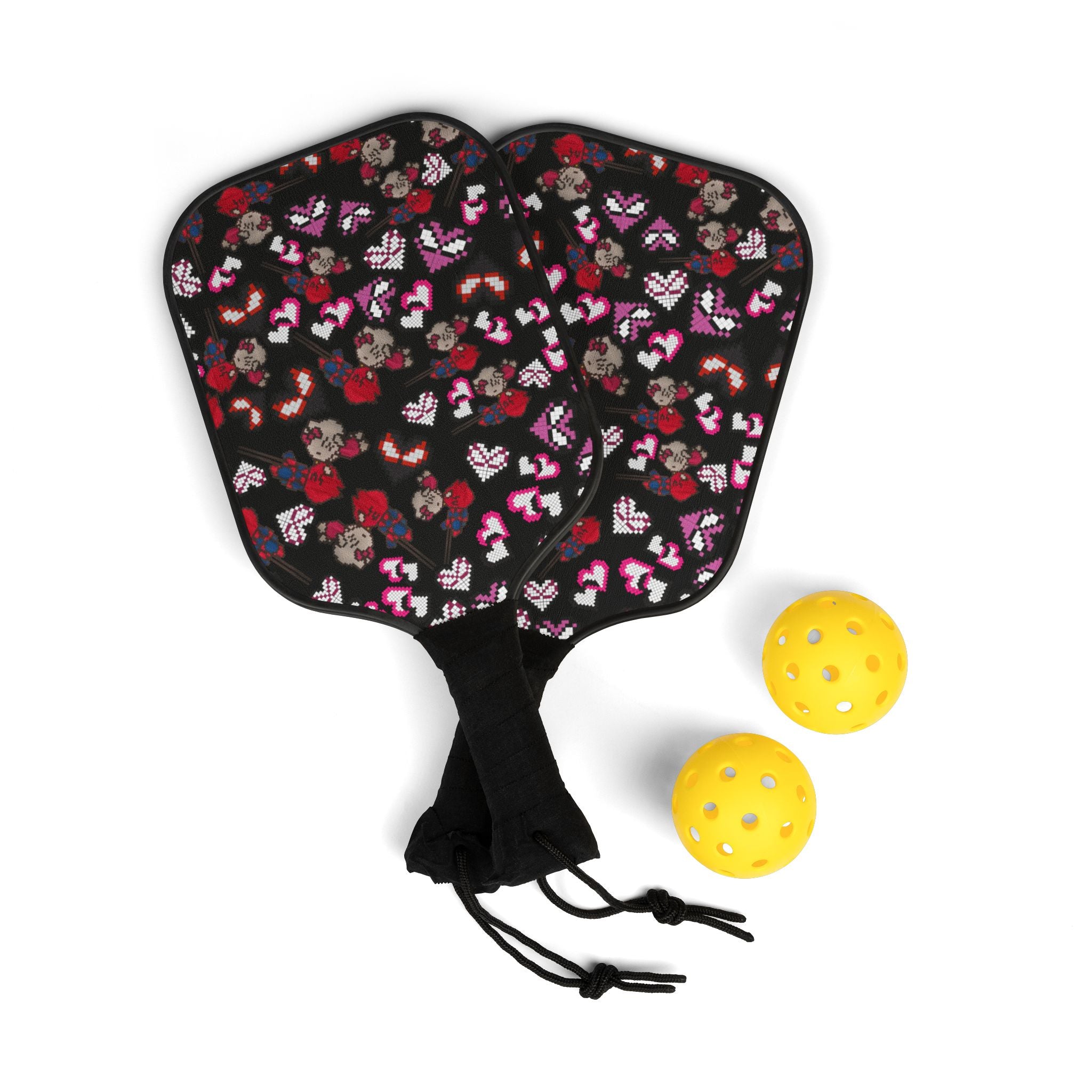 Pickleball kit (2 paddles + 2 balls + transparent bag) spider kitty pixel kiss hearts black