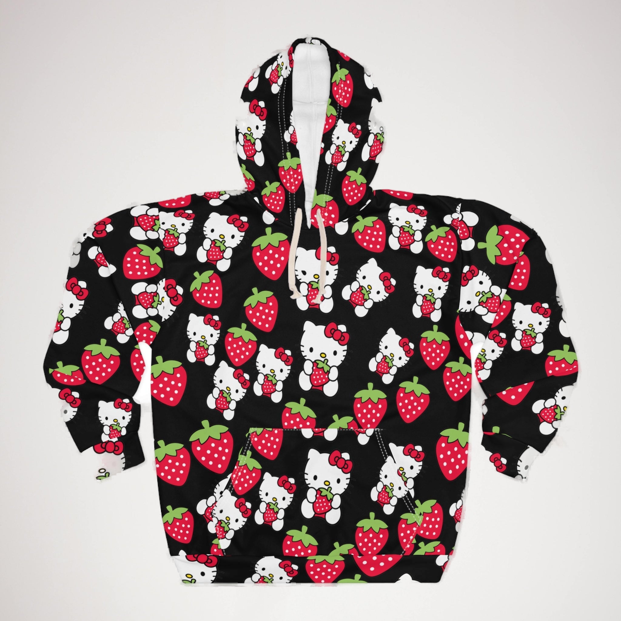 Unisex pullover hoodie kitty strawberry valentine love black