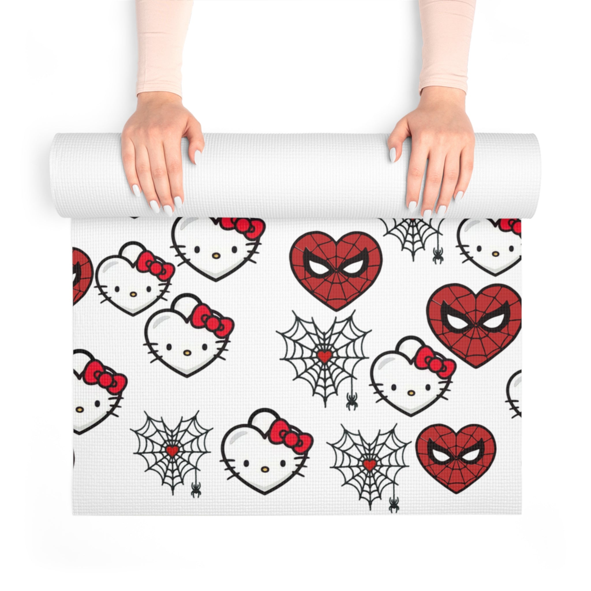 Foam yoga mat spider kitty heart web white