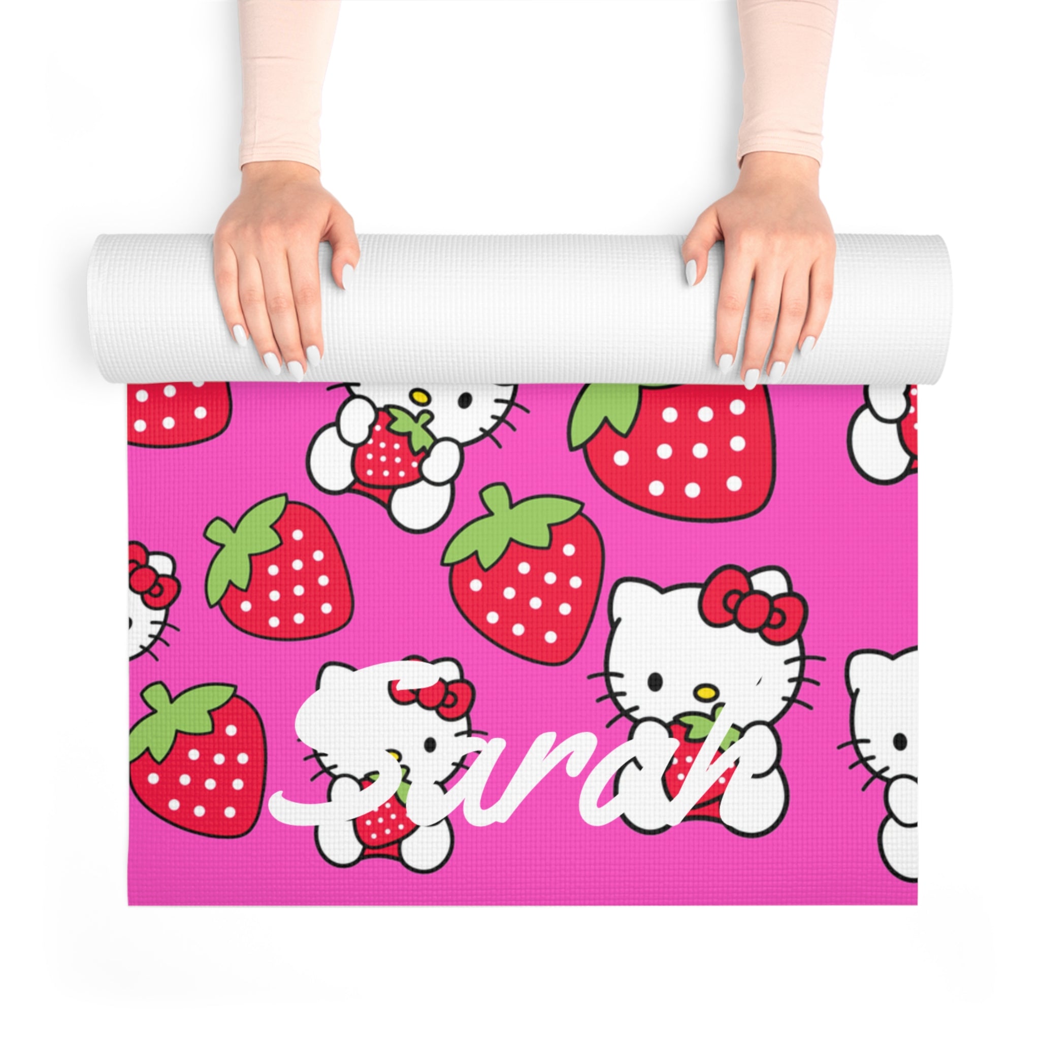 Custom name foam yoga mat kitty strawberry valentine love pink