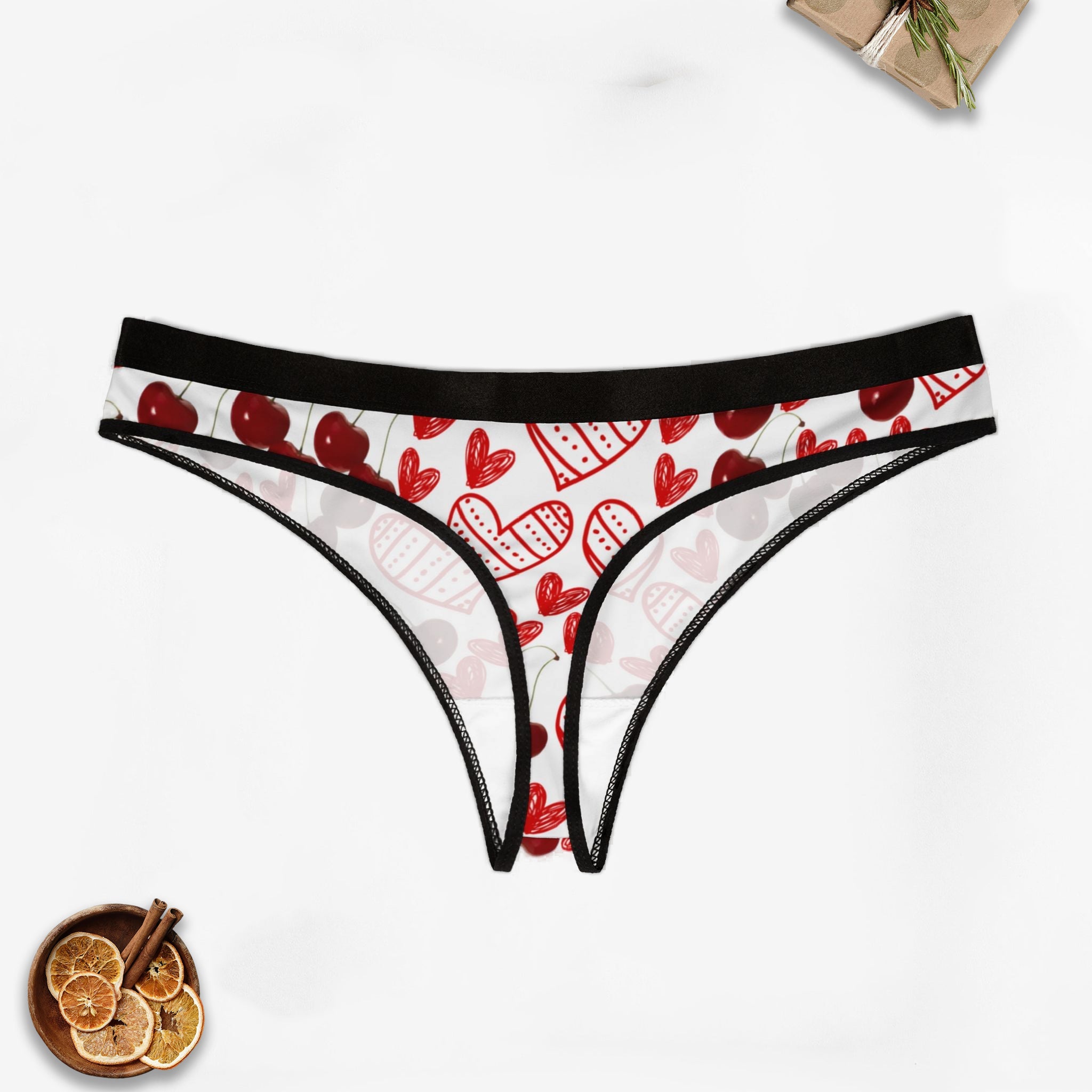 Women's thongs cherry and 2 sweet hearts white