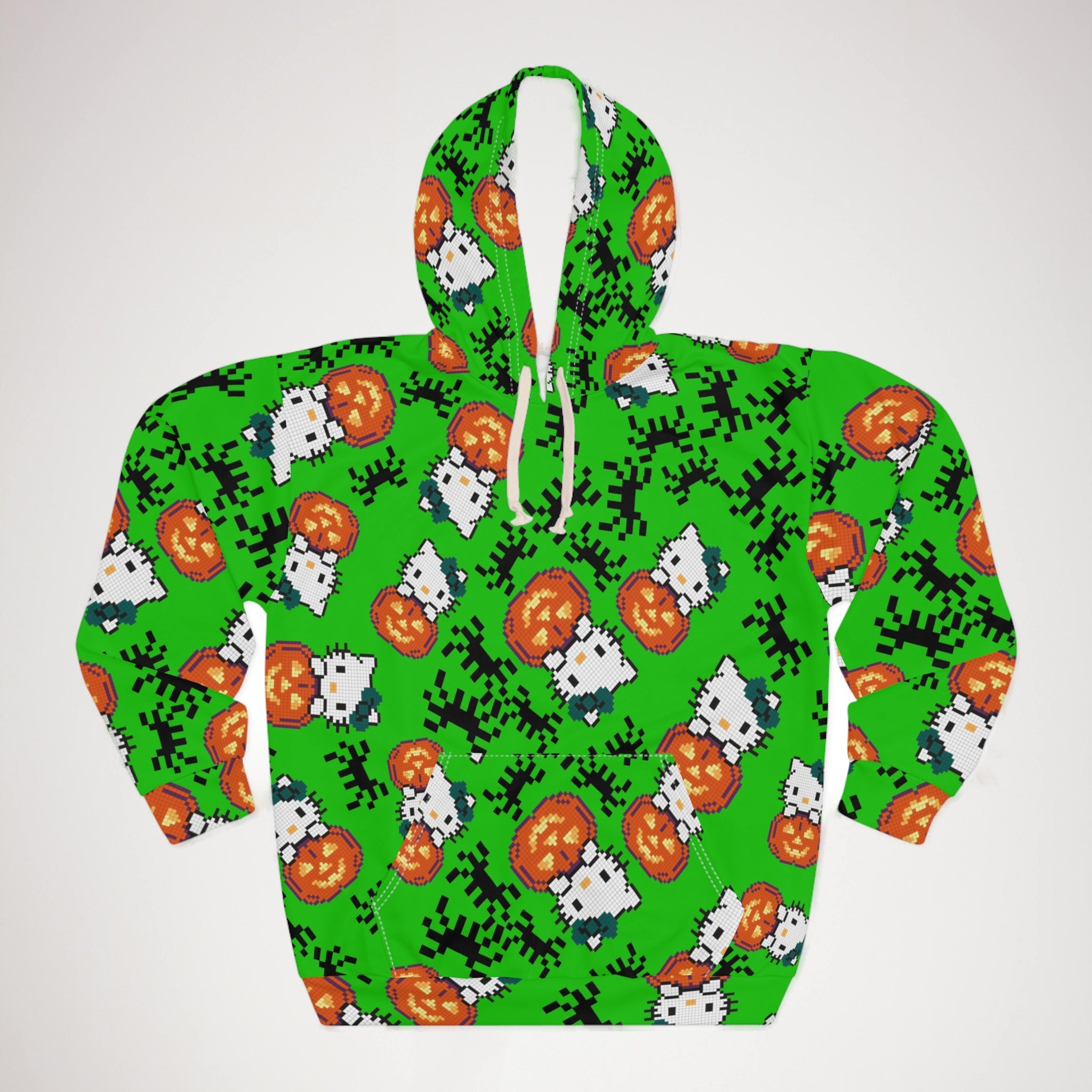 Unisex pullover hoodie kitty pumpkin Halloween pixel spider green