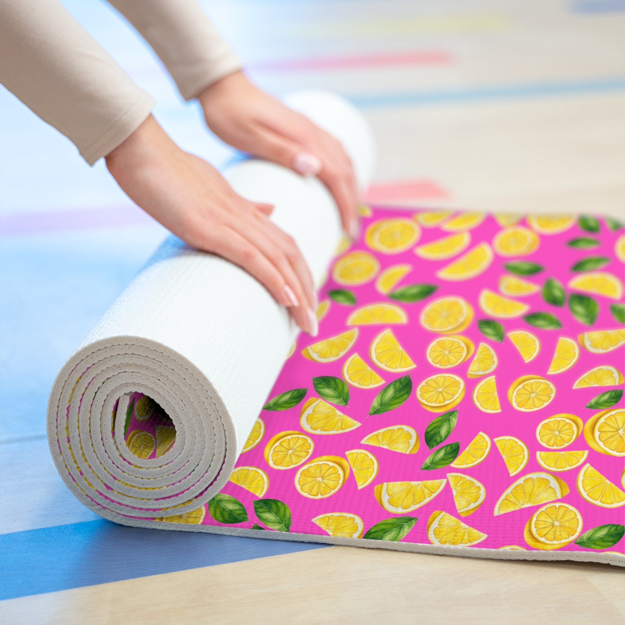 Foam yoga mat lemon and leaves pink