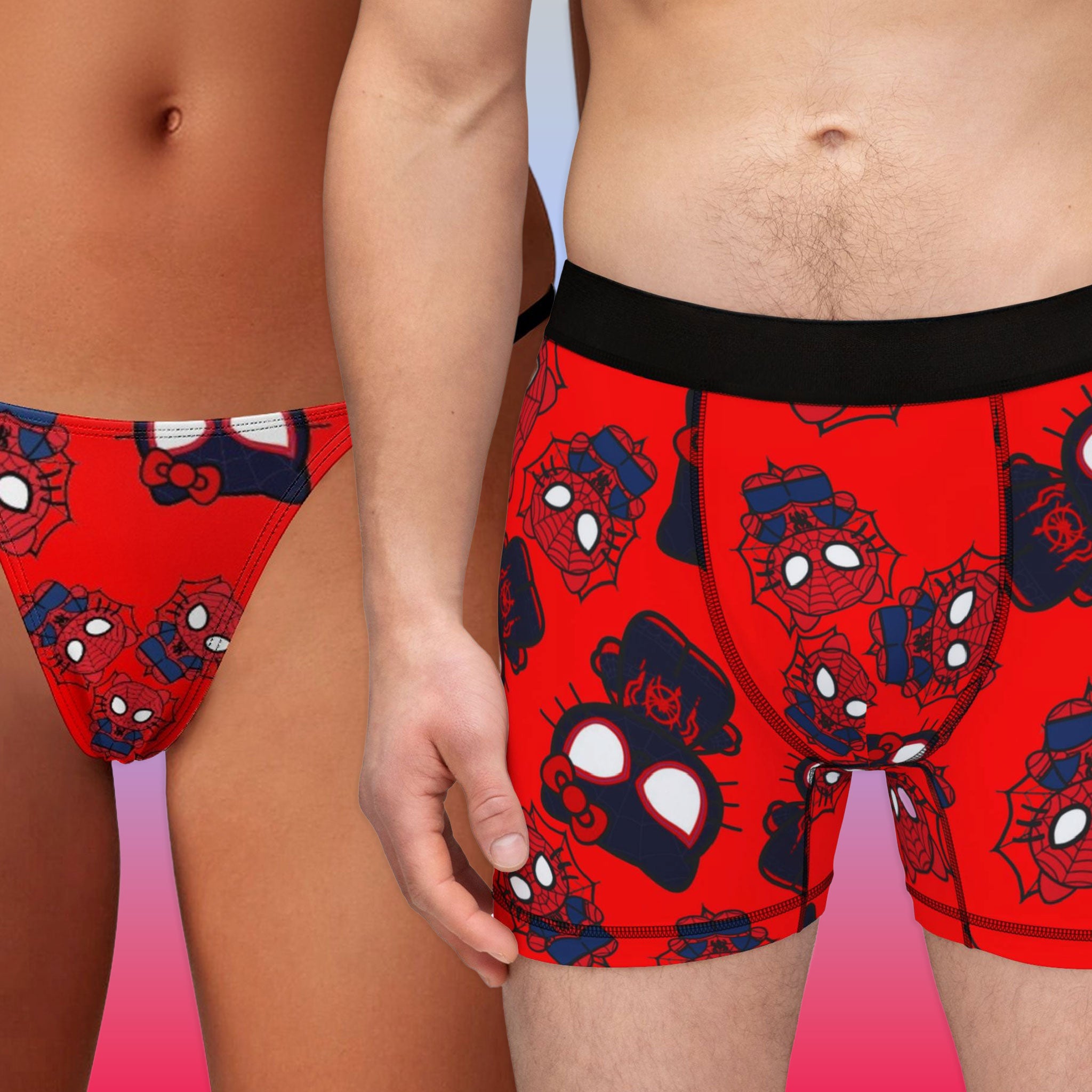 Couples matching kitty spider dark underwear, boxer & thin thong