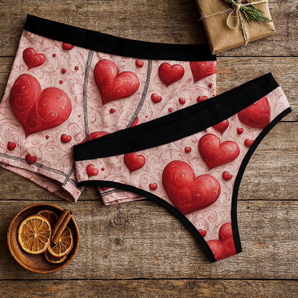 Matching underwear Valentine Red Heart for couples boxer & thong set