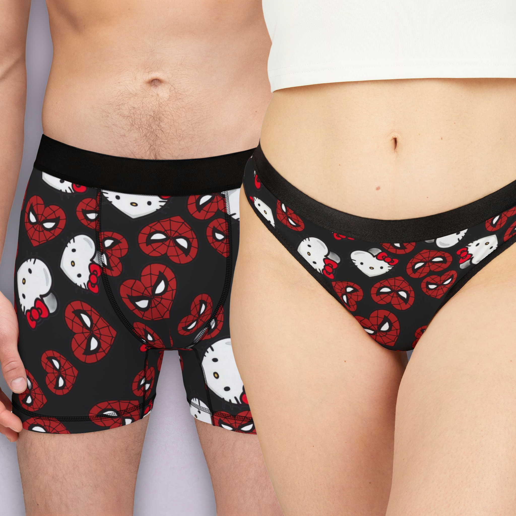 Couples matching  spider kitty double hearts character underwear set boxer and thong