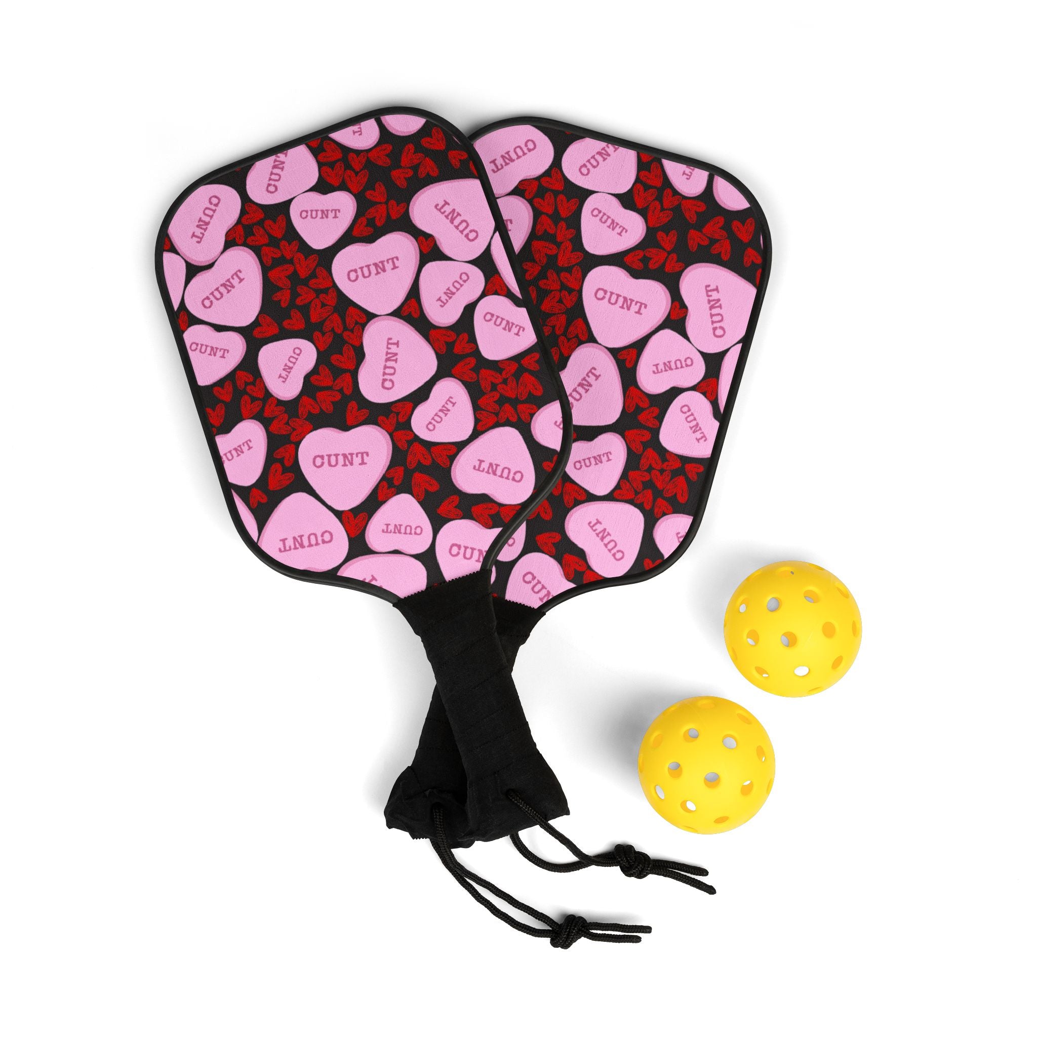 Pickleball kit (2 paddles + 2 balls + transparent bag) cunt candy heart shape message black