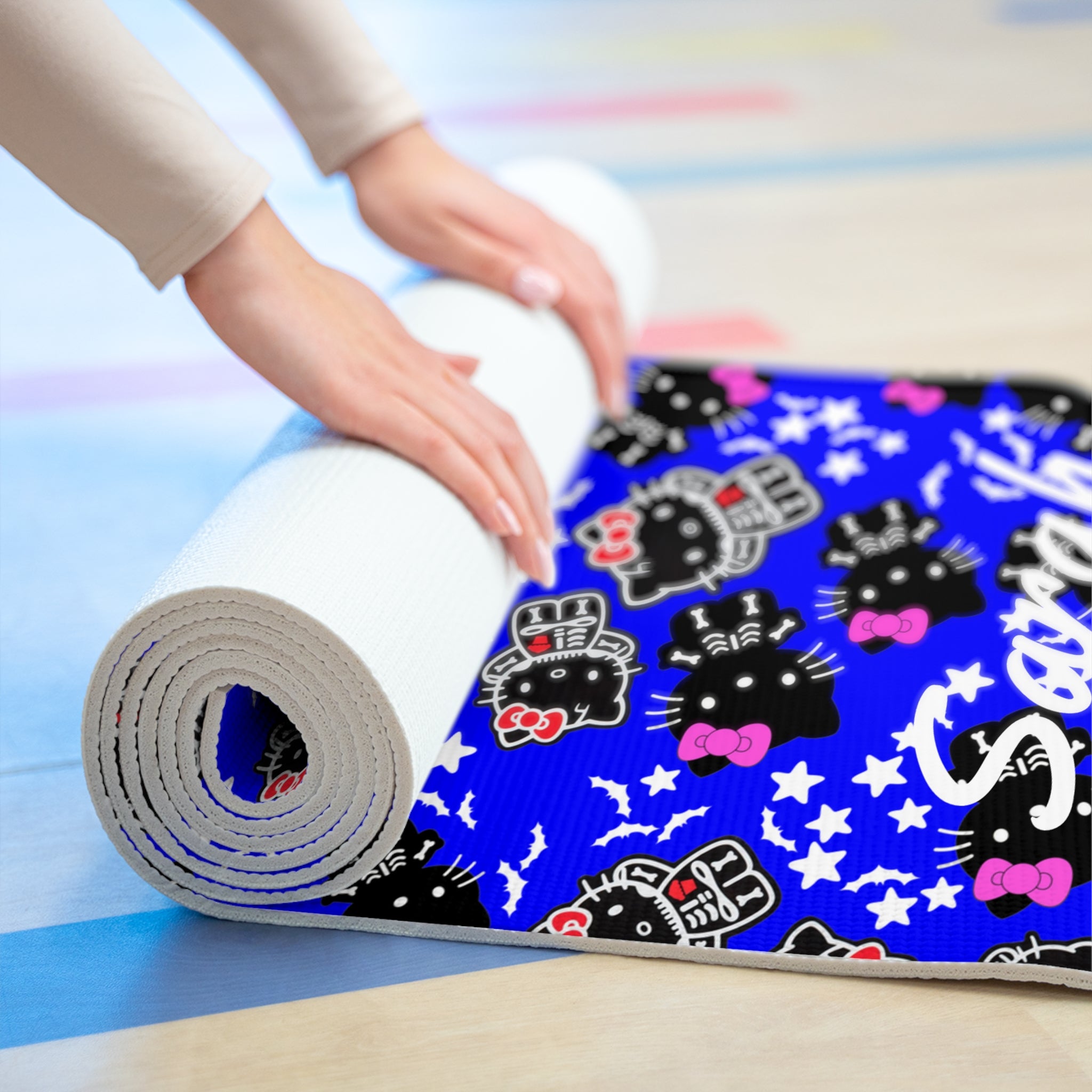 Custom name foam yoga mat kitty halloween bones blue