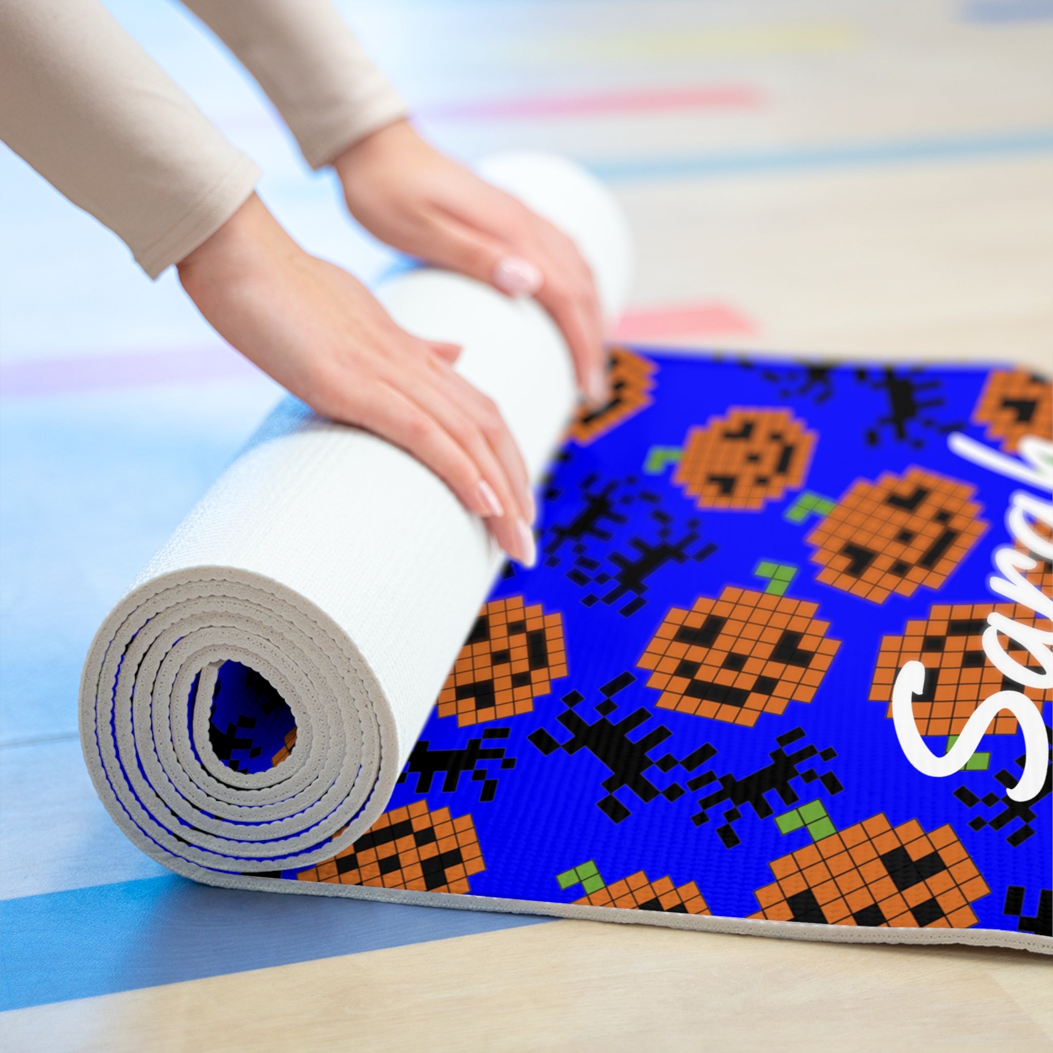 Custom name foam yoga mat pumpkin spider pixel halloween blue