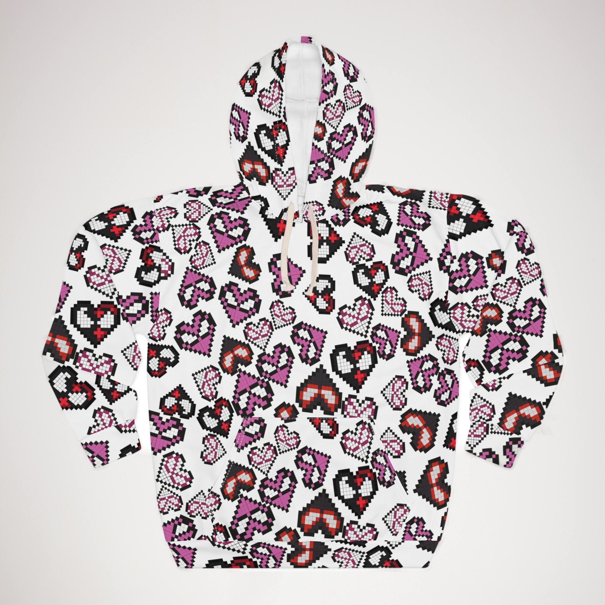 Unisex pullover hoodie spider hearts pixel white