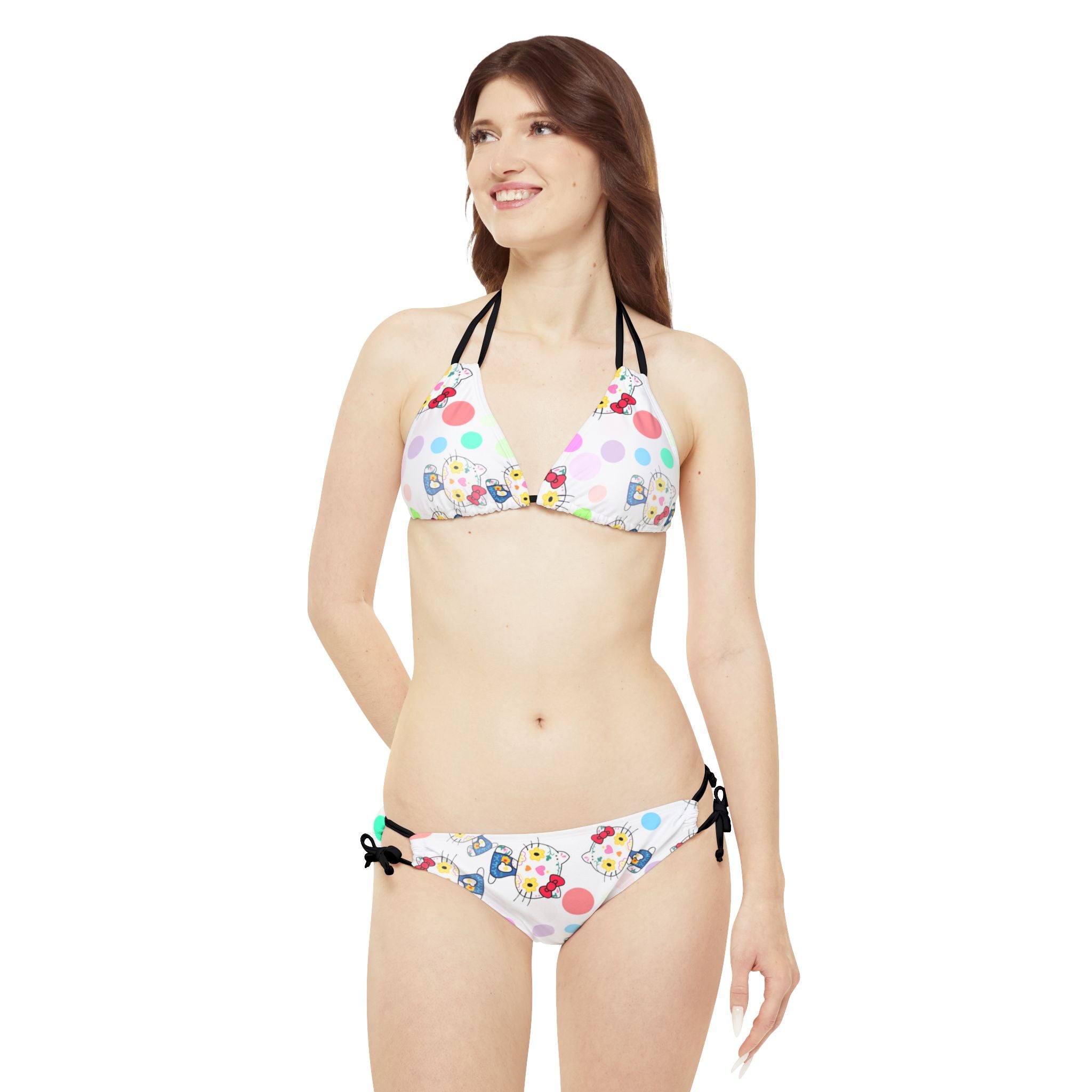 Strappy bikini set kitty flower polka dots white