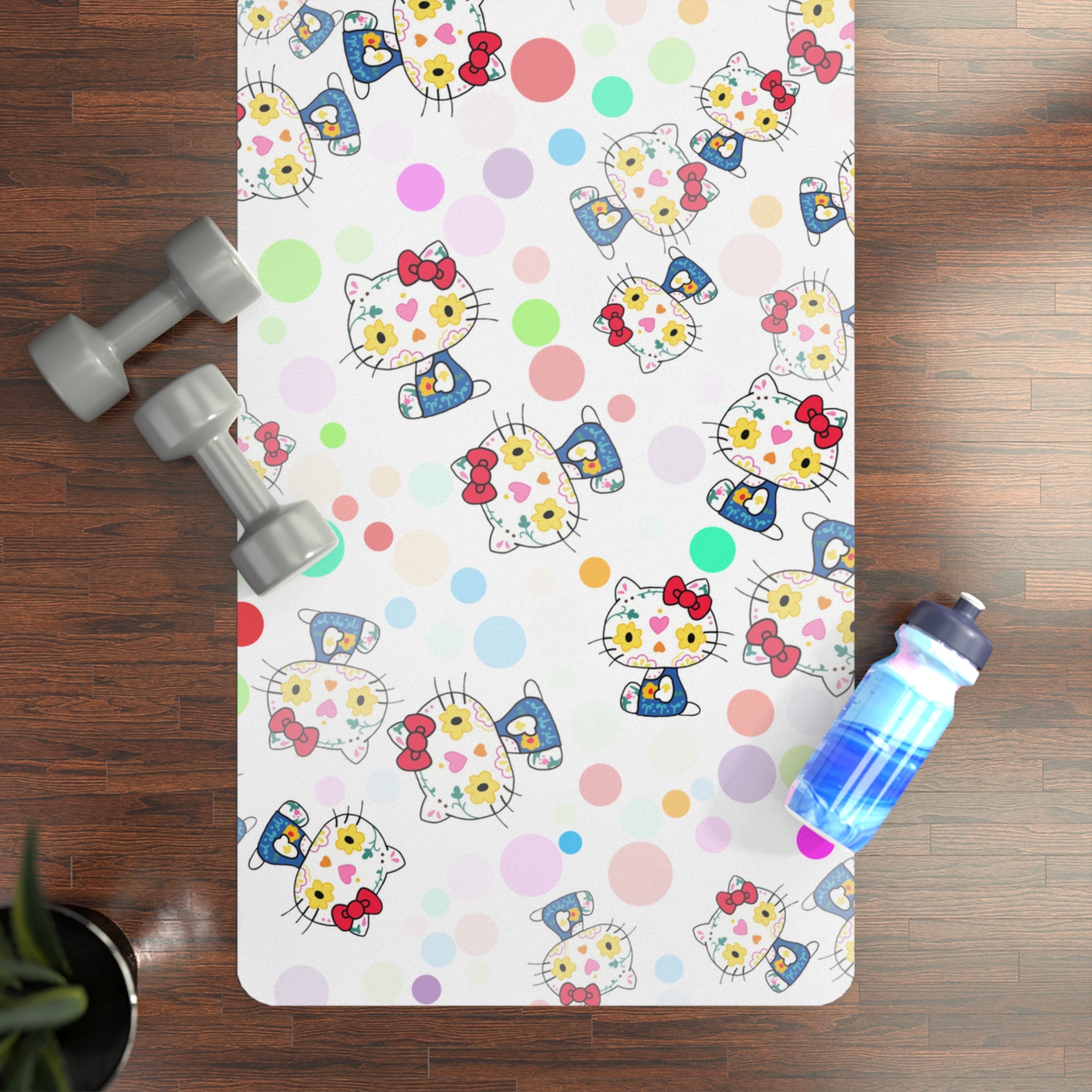 Rubber yoga mat kitty flower polka dots white