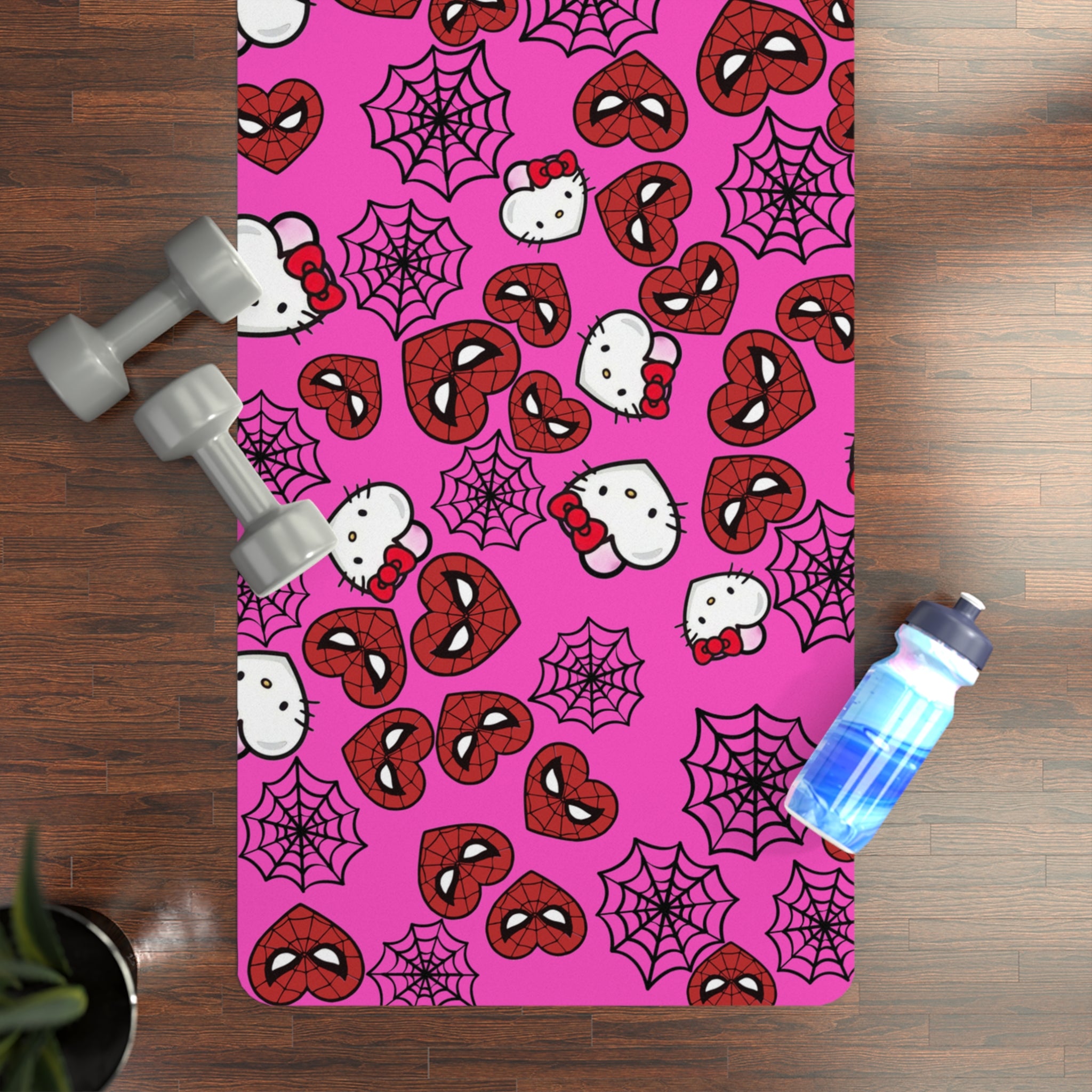 Rubber yoga mat kitty spider web heart pink