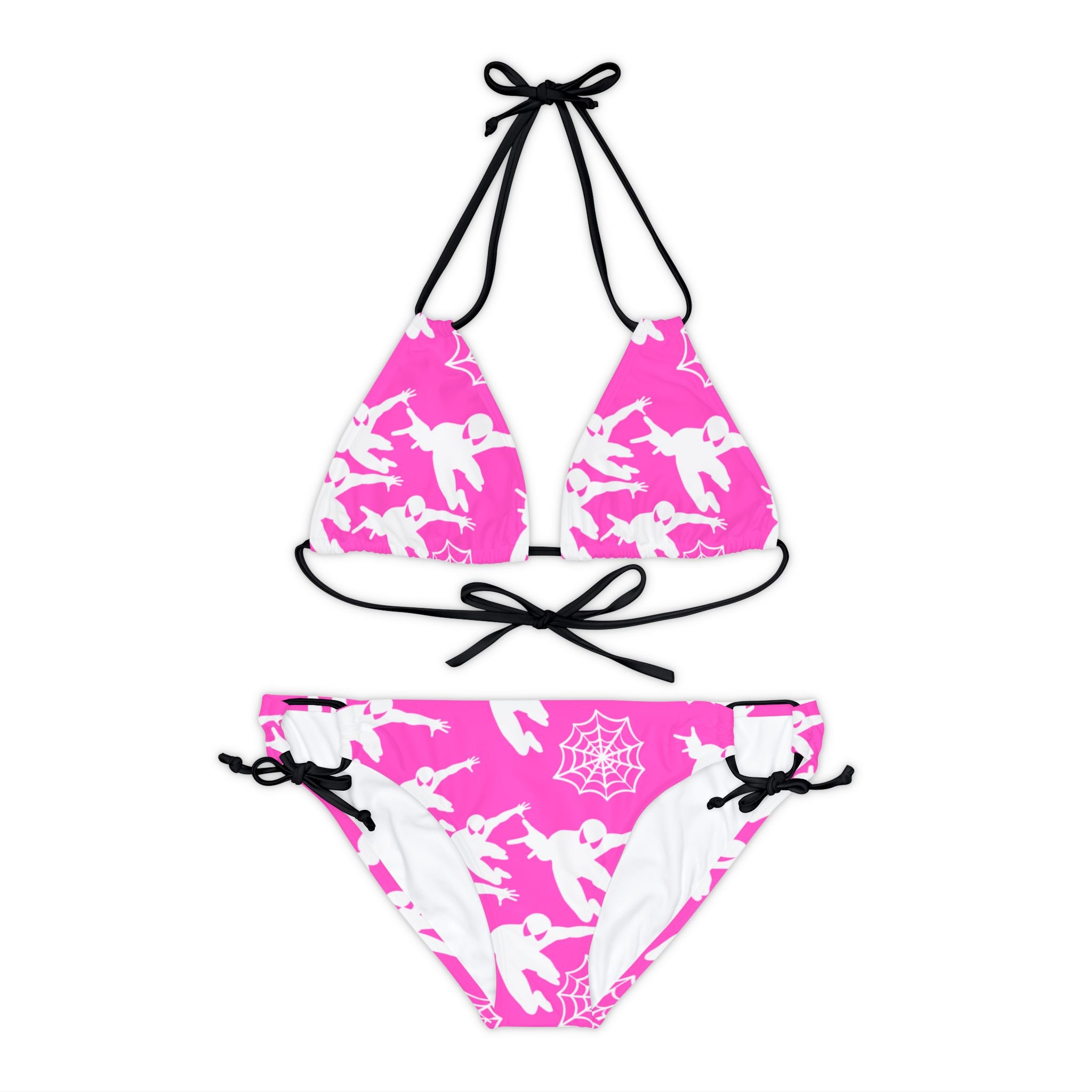 Strappy bikini set spiderman web plain pink