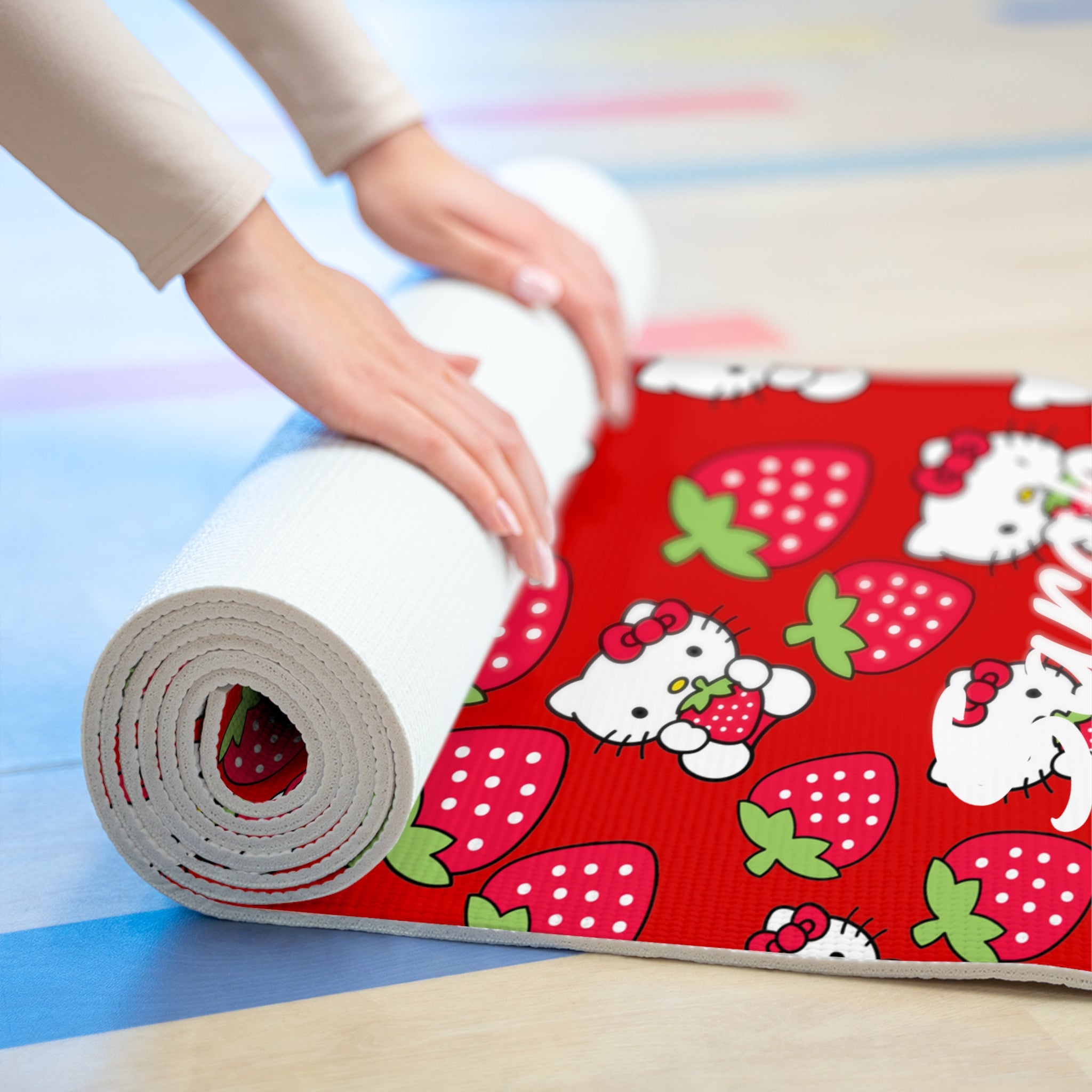 Custom name foam yoga mat kitty strawberry valentine love red