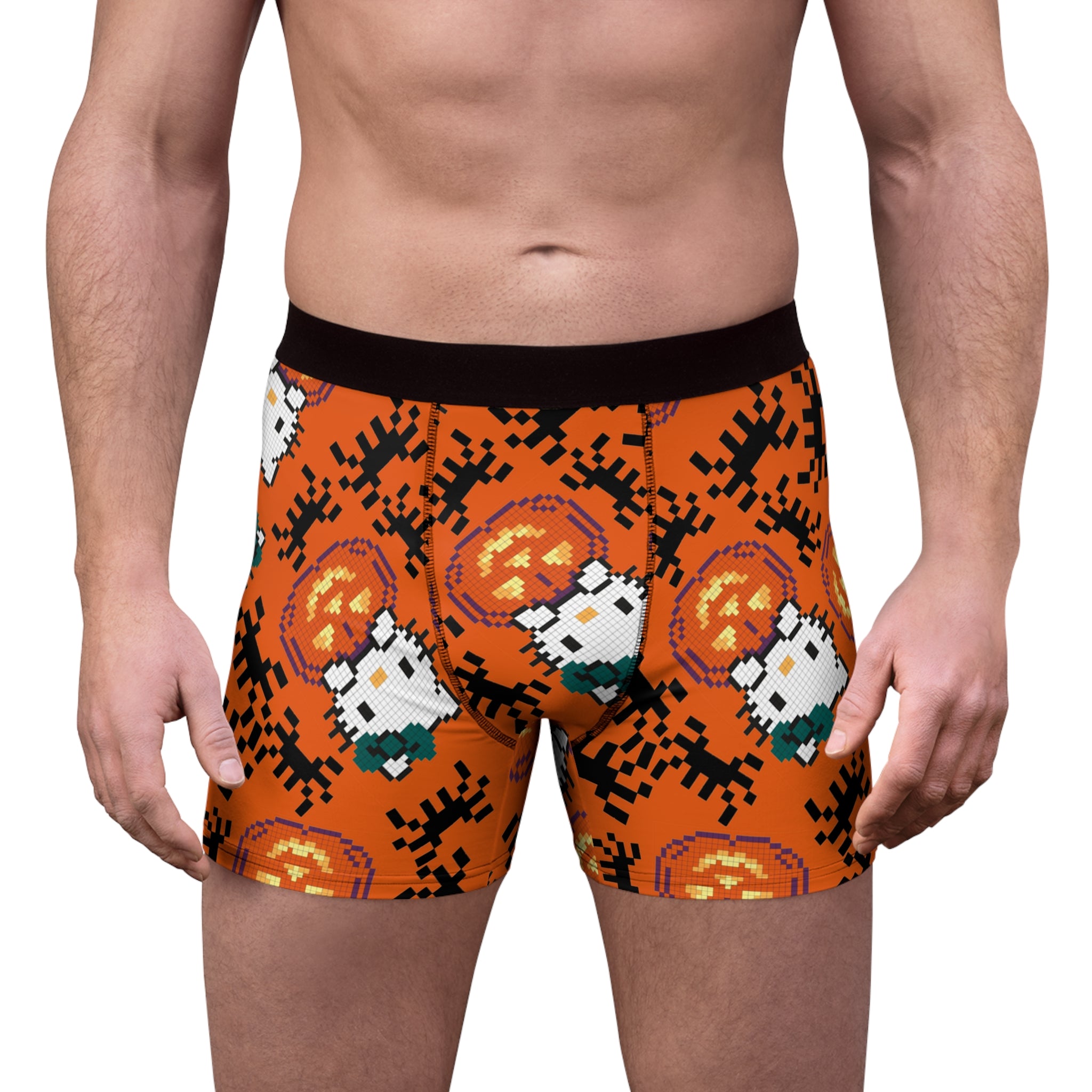 Men's boxer briefs kitty pumpkin Halloween pixel spider orange