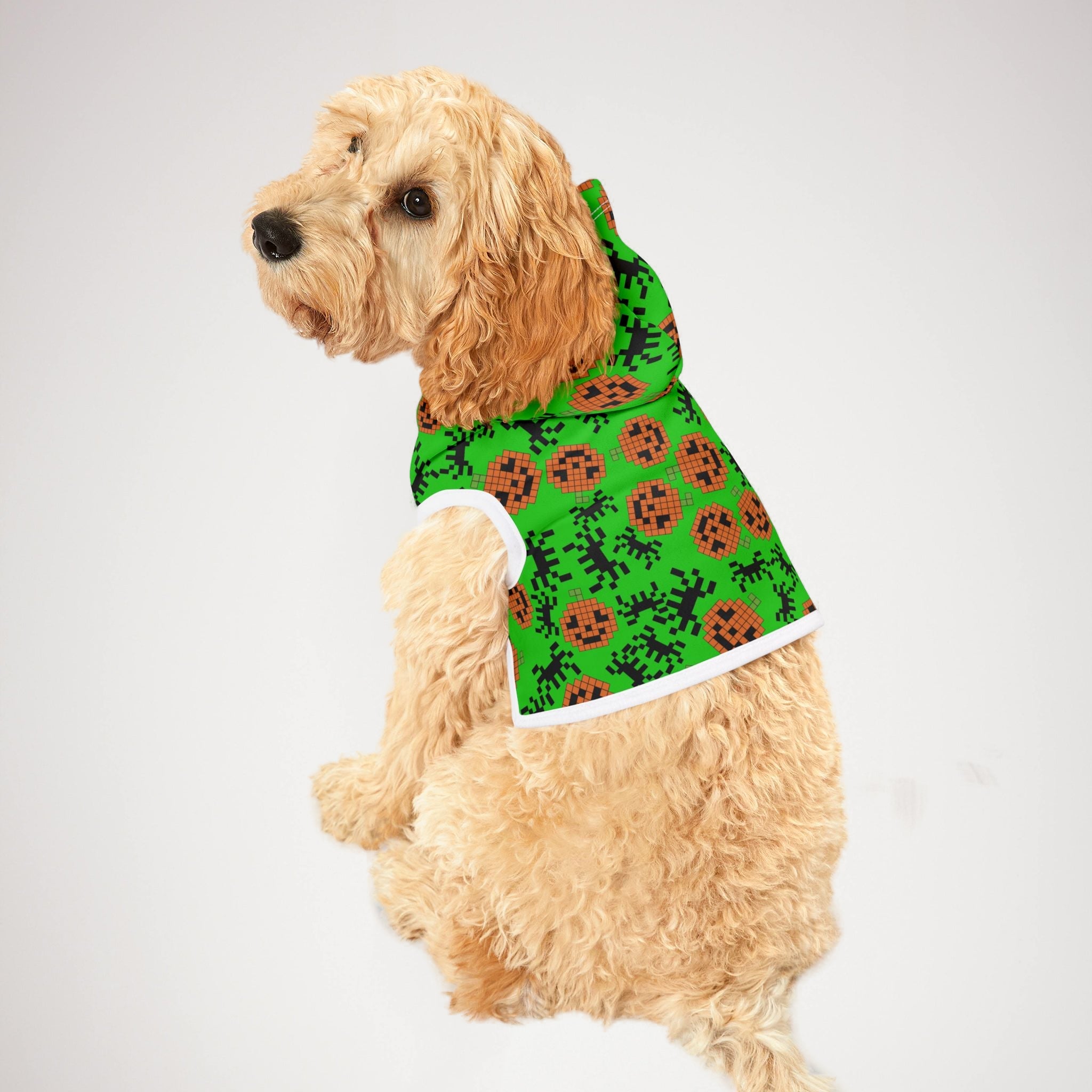 Pet hoodie pumpkin spider pixel halloween green