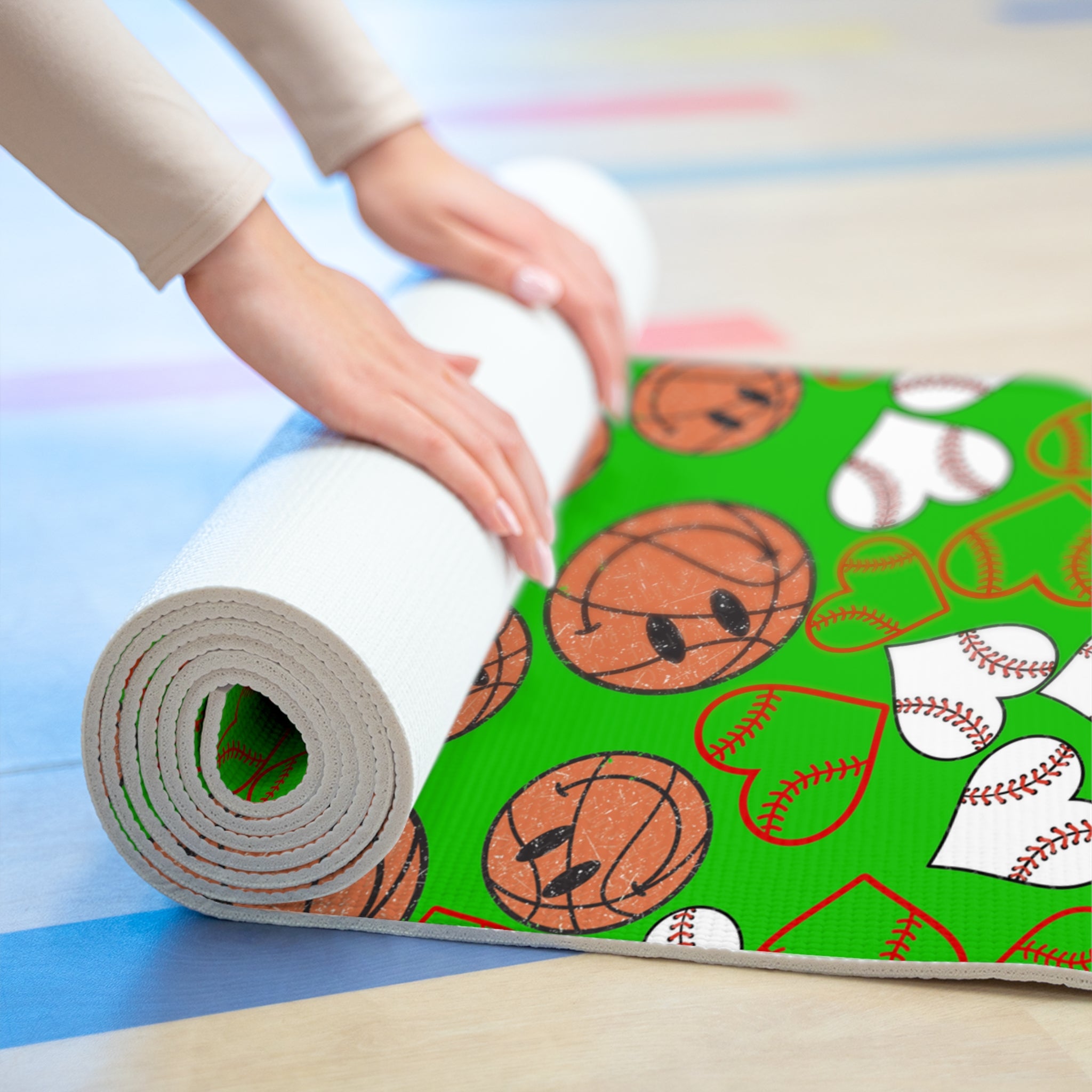 Foam yoga mat basketball hearts valentine green