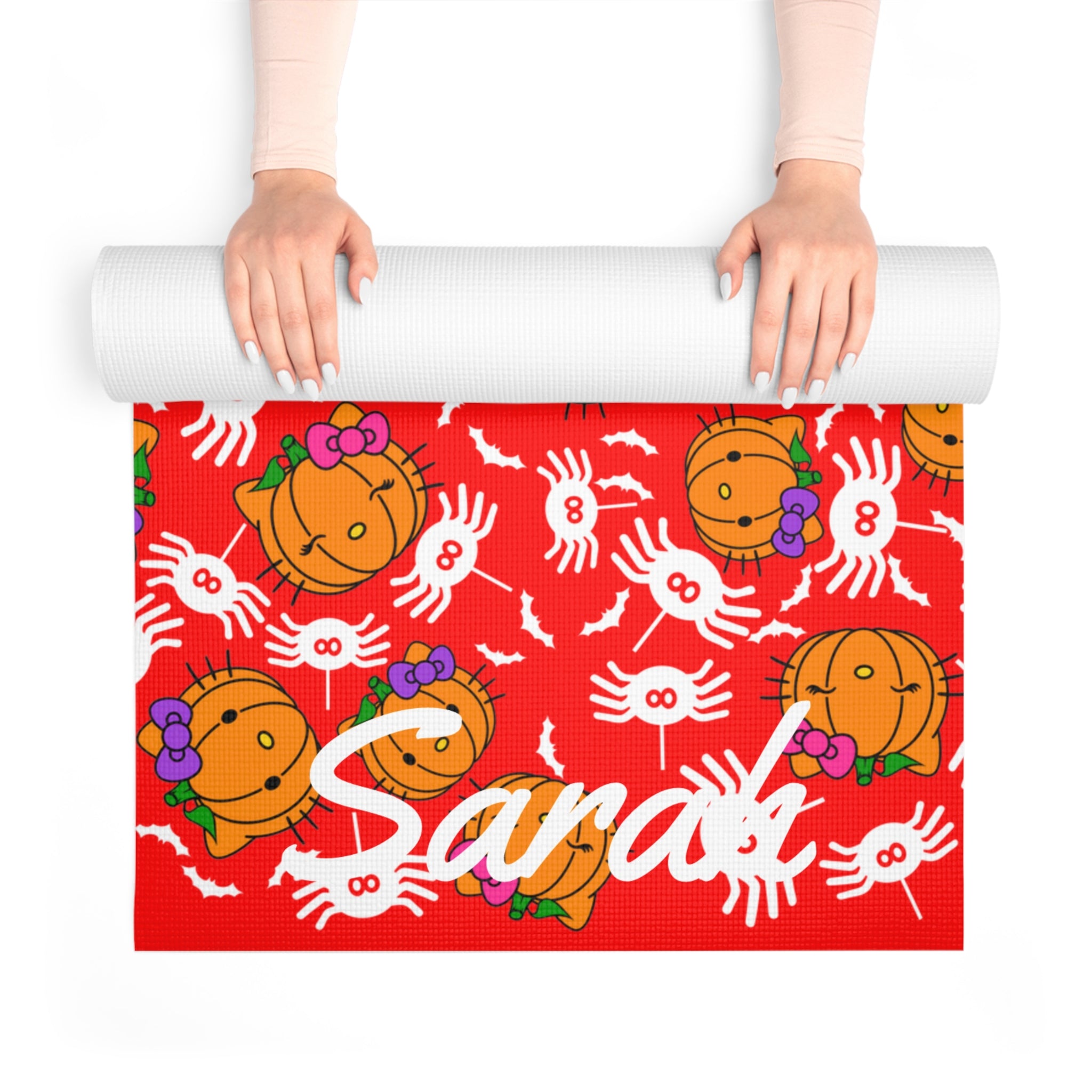 Custom name foam yoga mat double pumpkin kitty halloween red