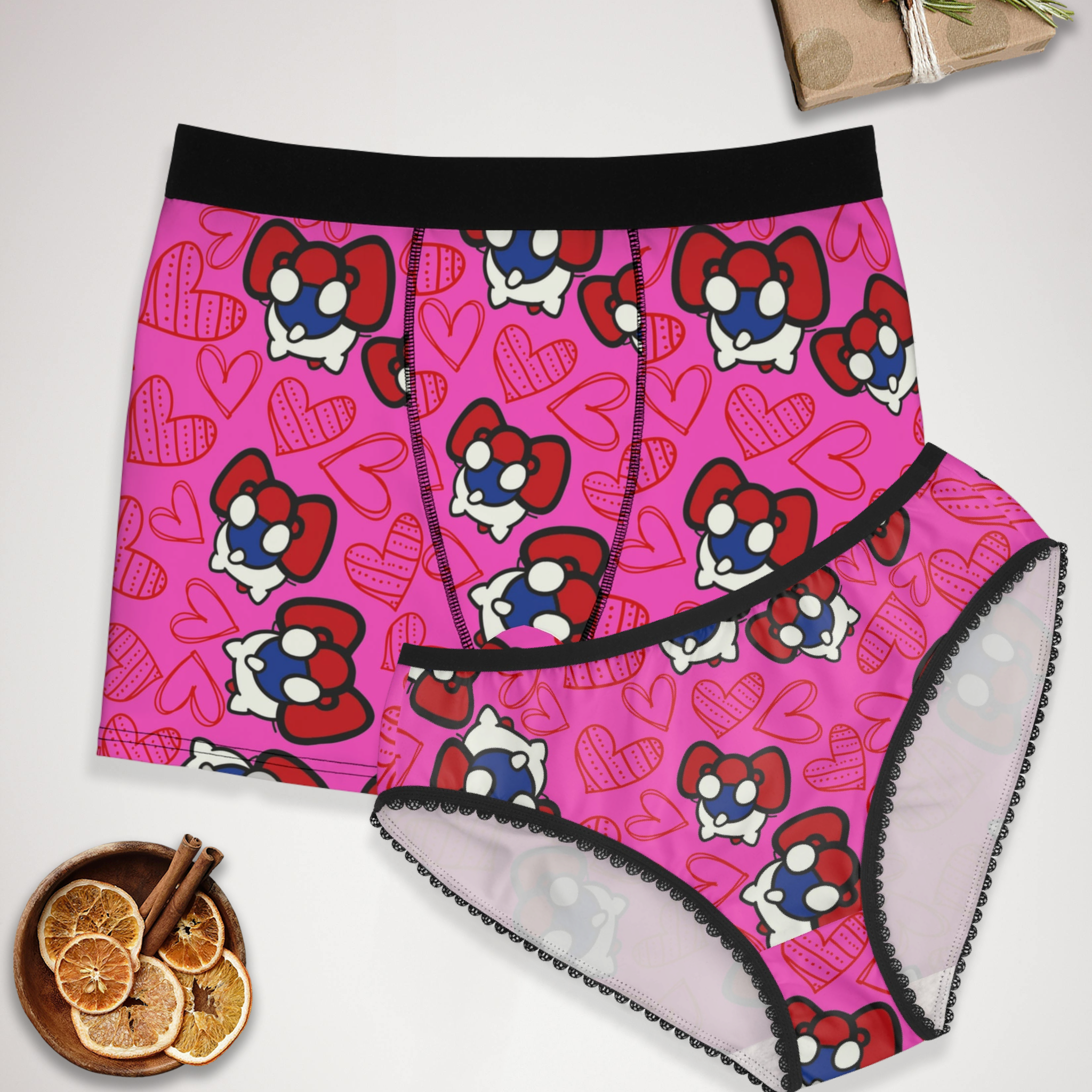 Couples matching cherry kitty back heart underwear set boxer & briefs