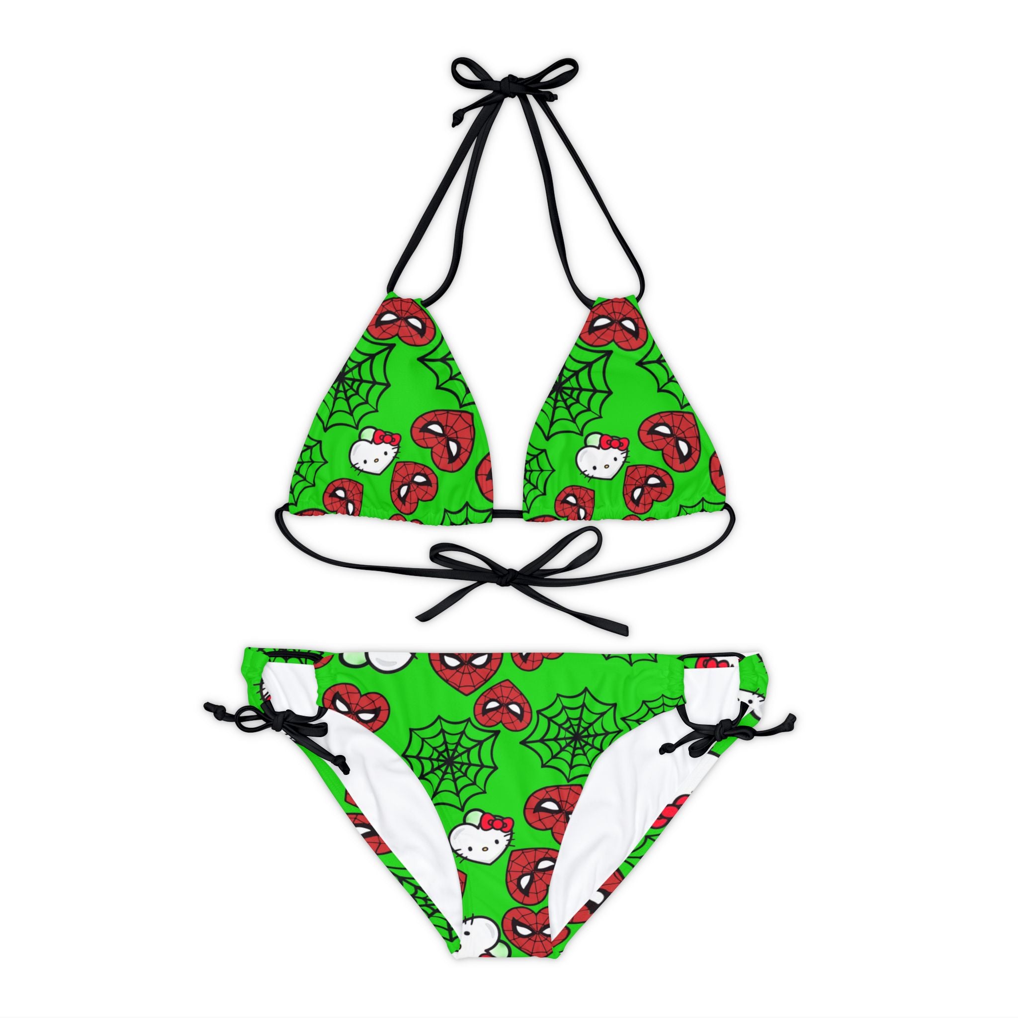 Strappy bikini set kitty spider web heart green