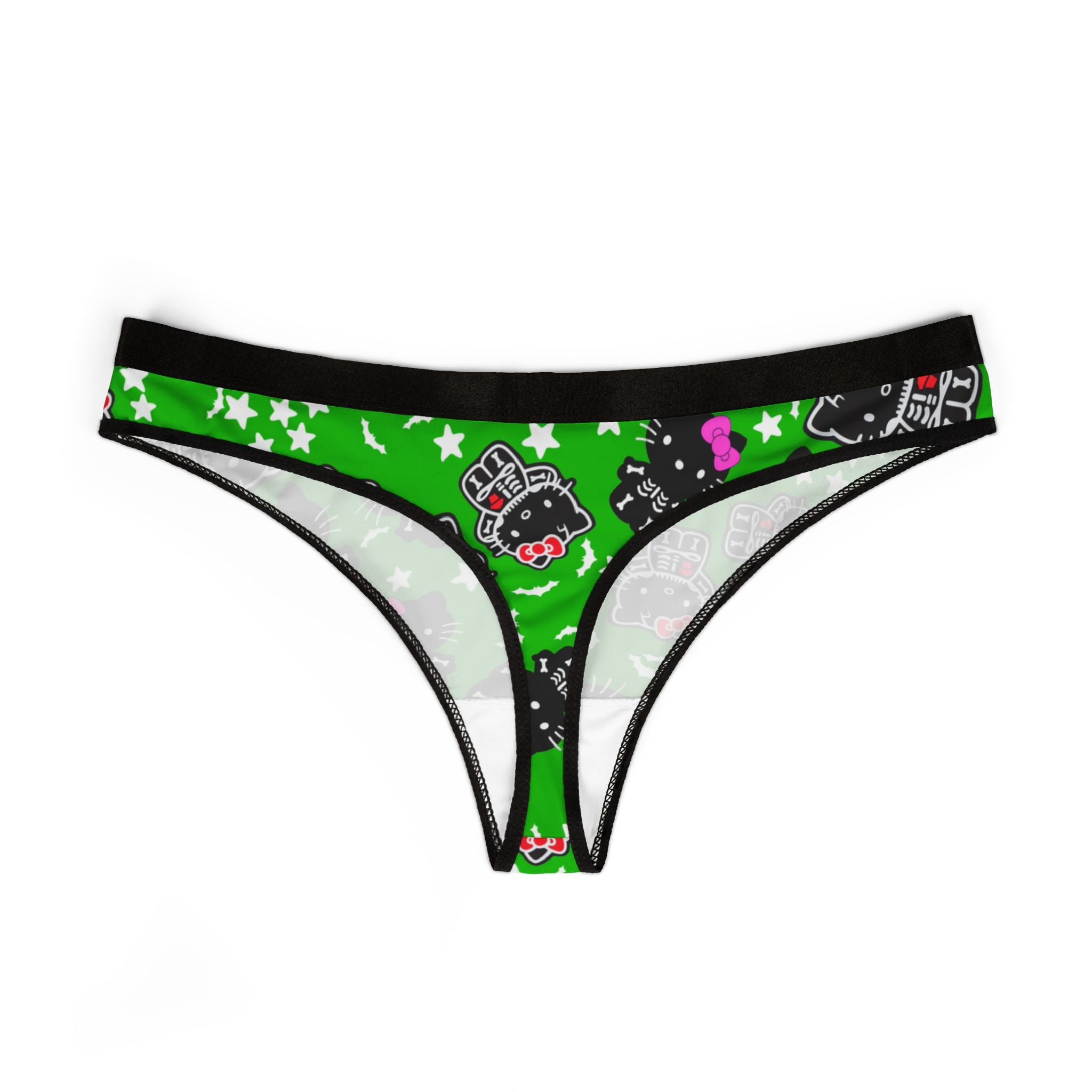 Women's thongs kitty halloween bones green