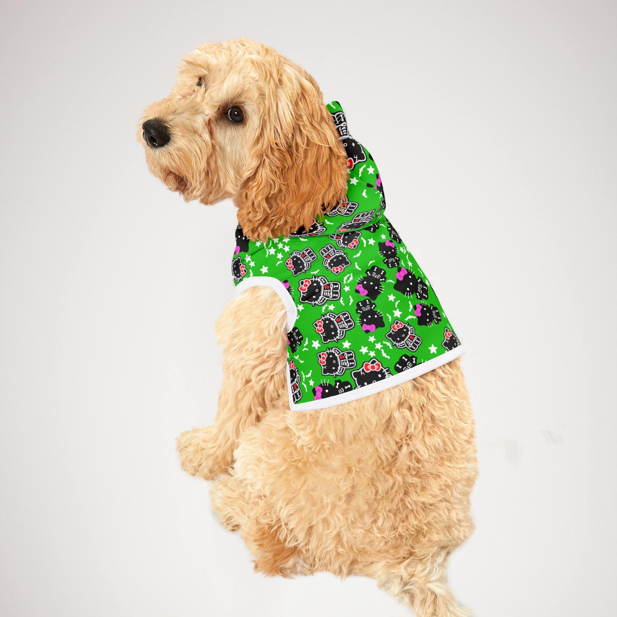 Pet hoodie kitty halloween bones green