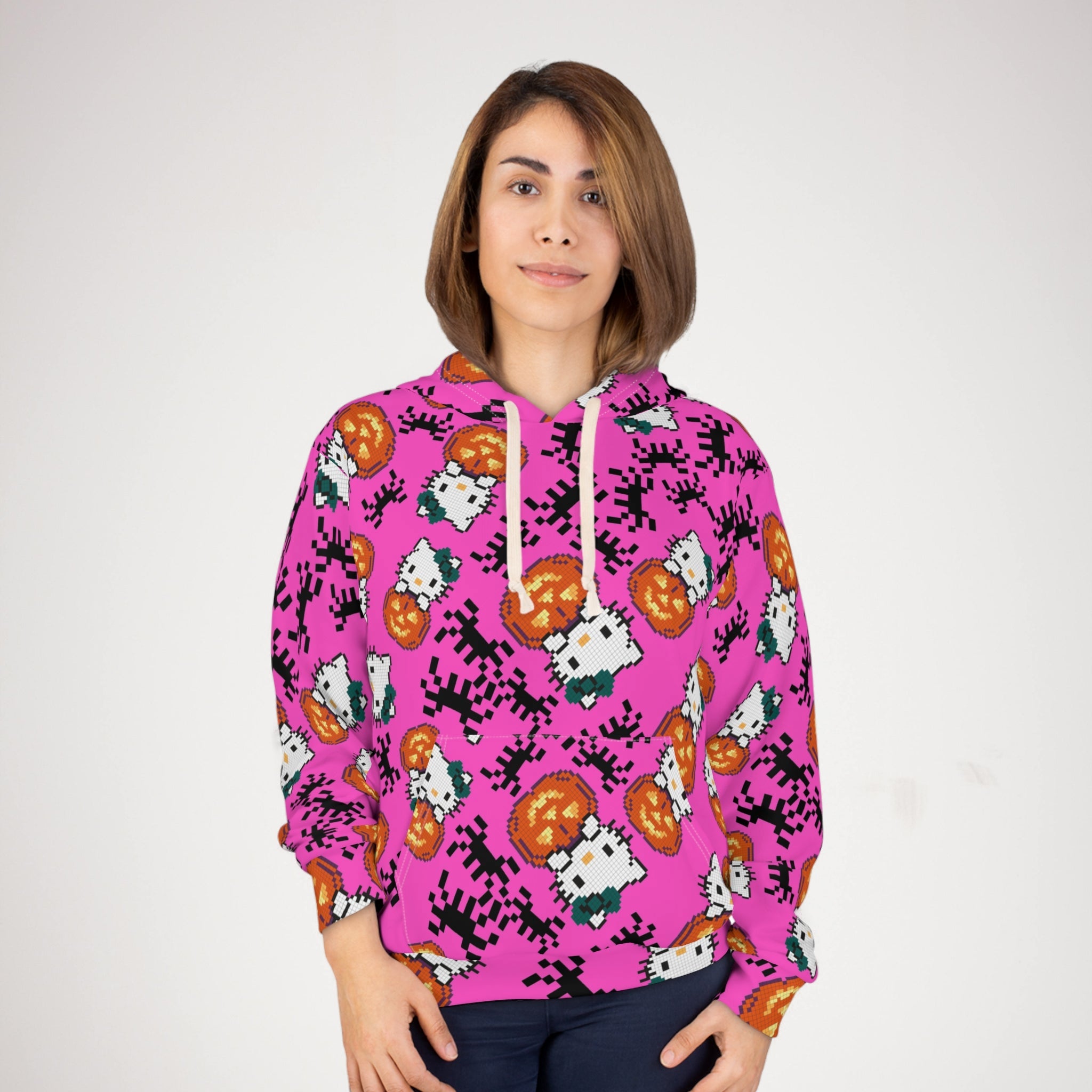 Unisex pullover hoodie kitty pumpkin Halloween pixel spider pink