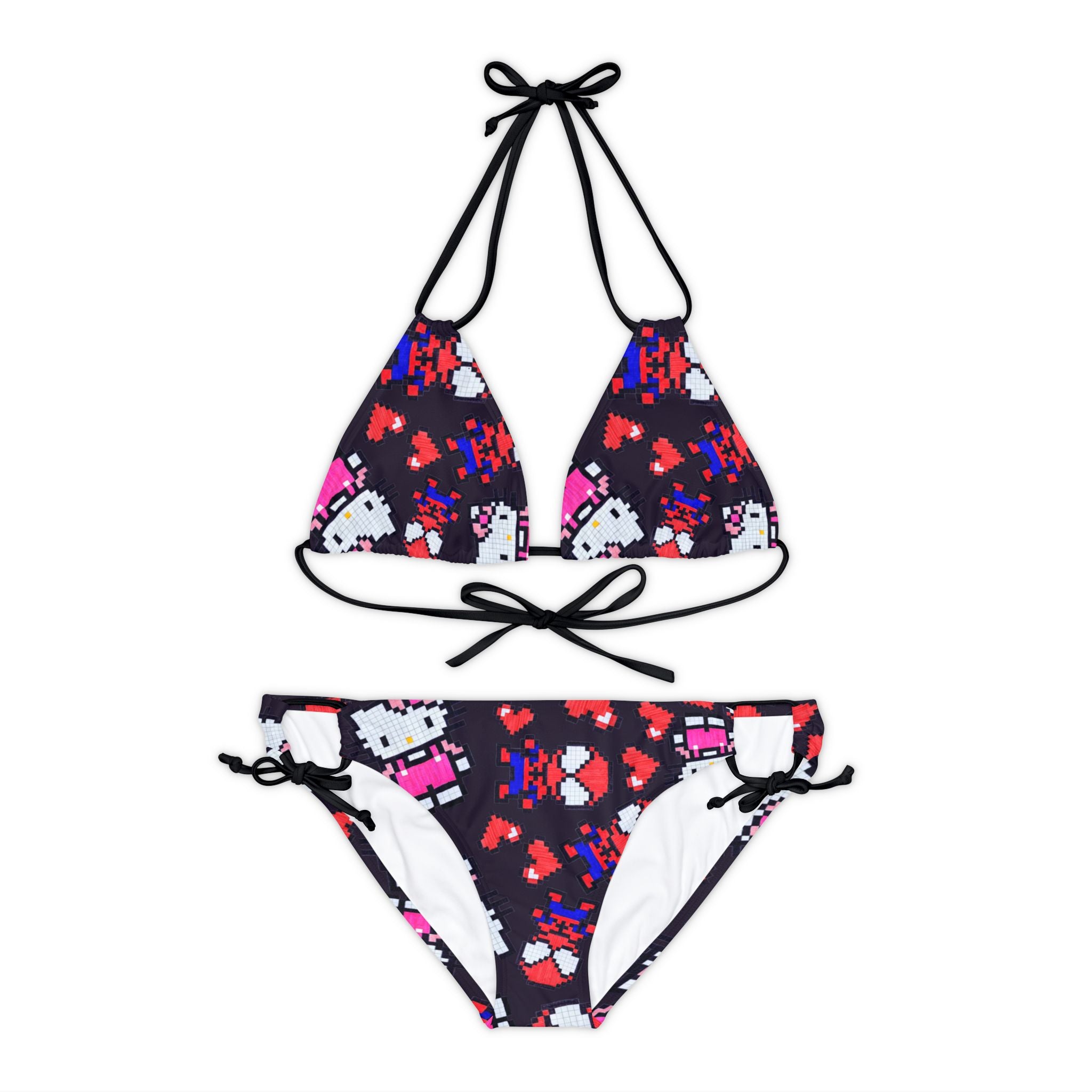 Strappy bikini set spider kitty pixel heart character love valentine black