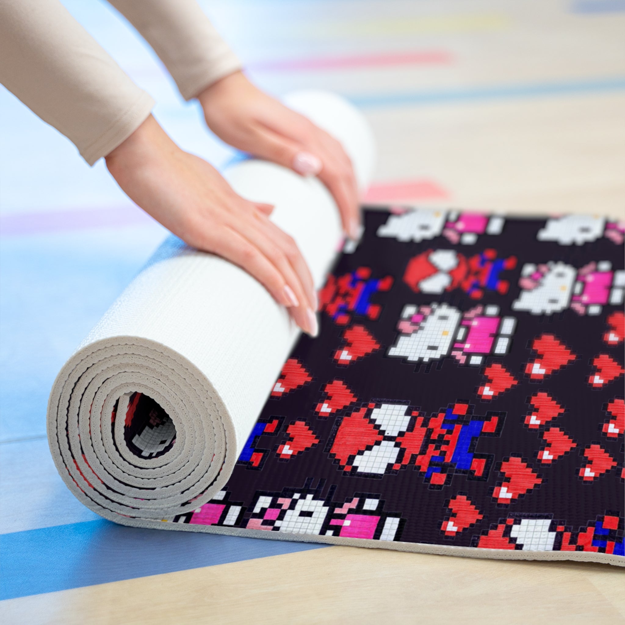 Foam yoga mat spider kitty pixel heart love valentine black