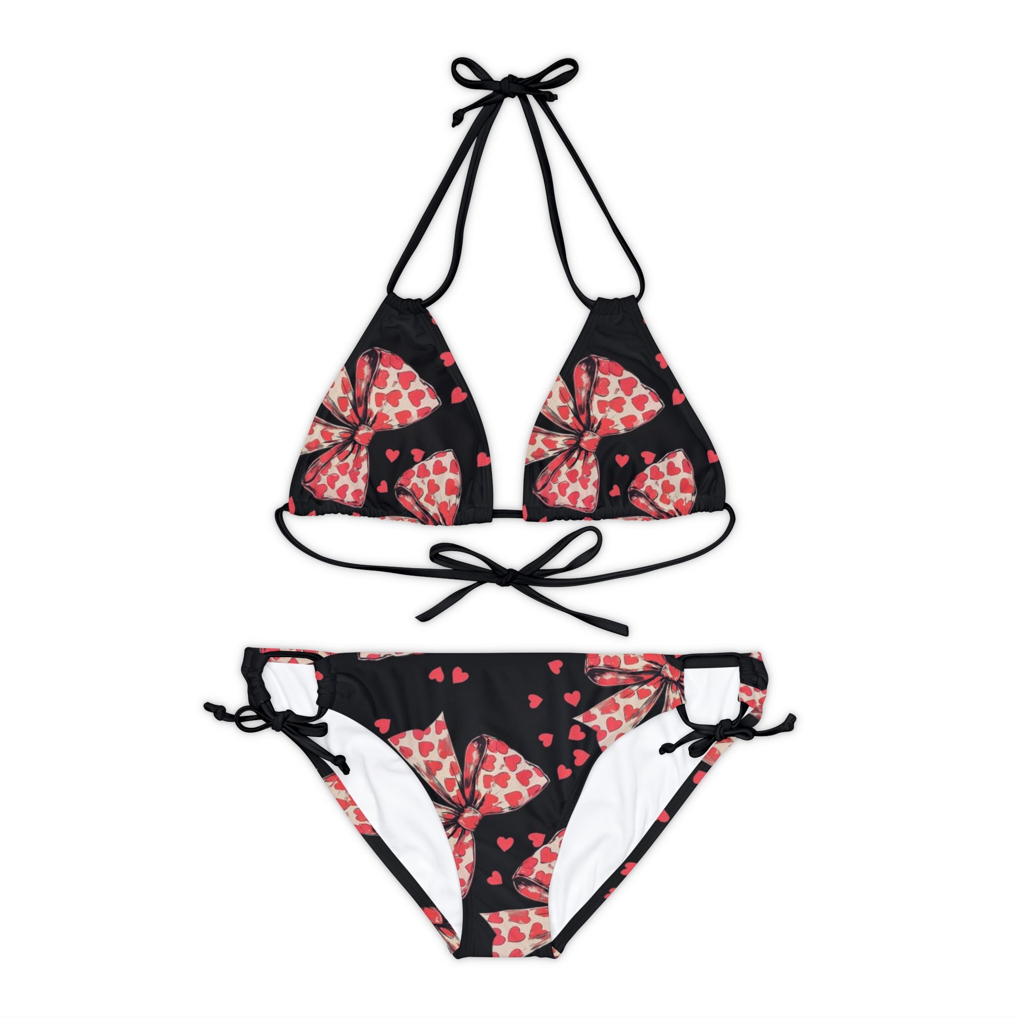 Strappy bikini set valentine s day heart coquette bow black