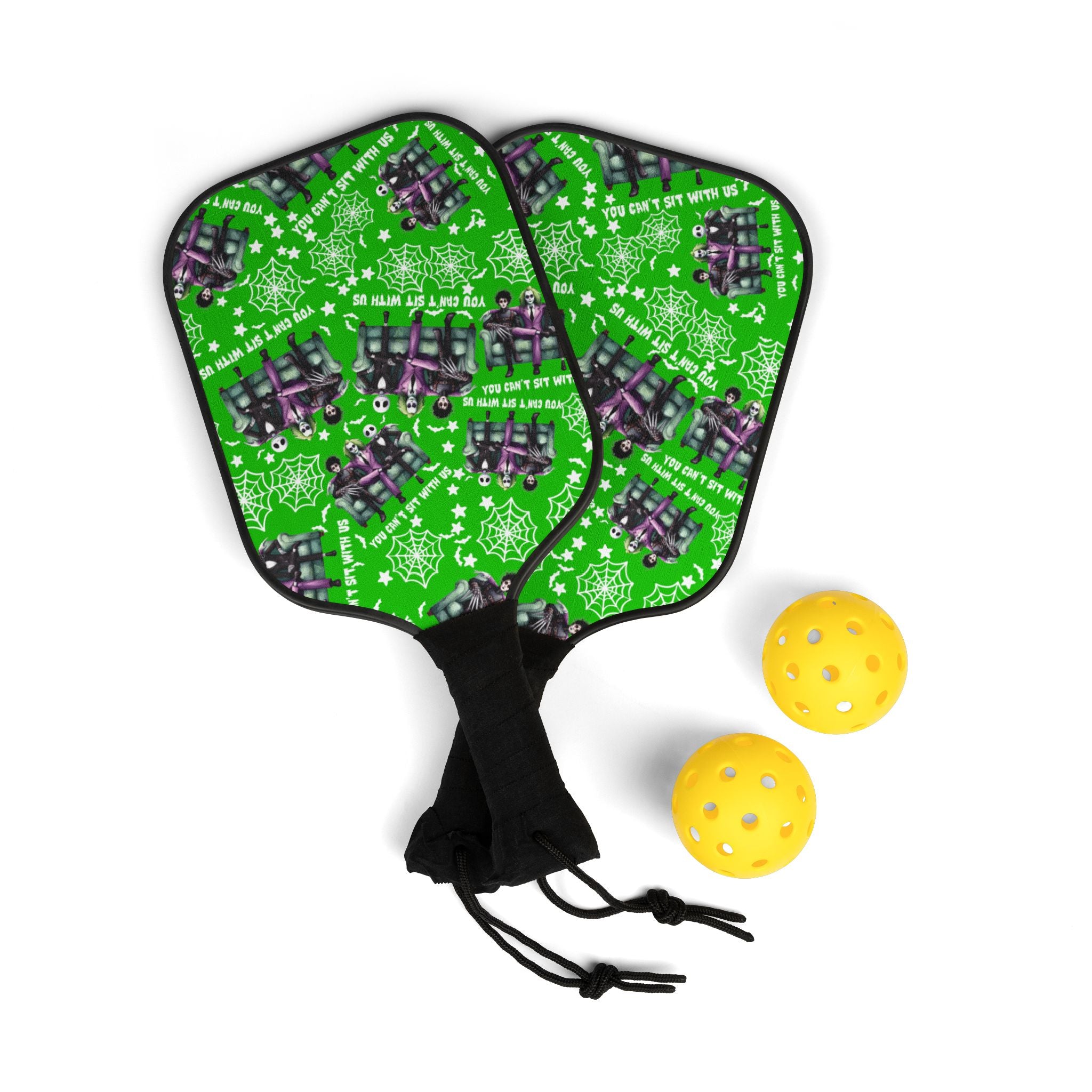 Pickleball kit (2 paddles + 2 balls + transparent bag) You can t sit with us Halloween green