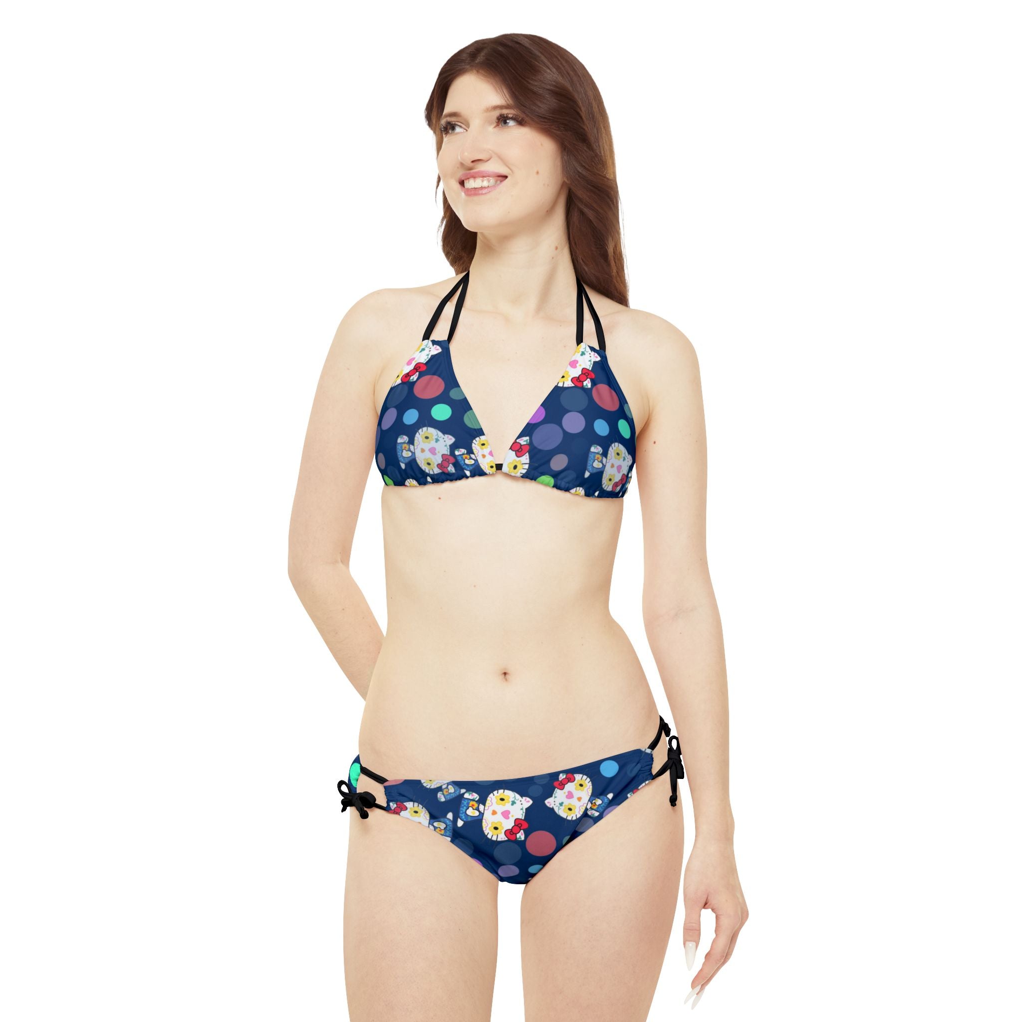 Strappy bikini set kitty flower polka dots blue