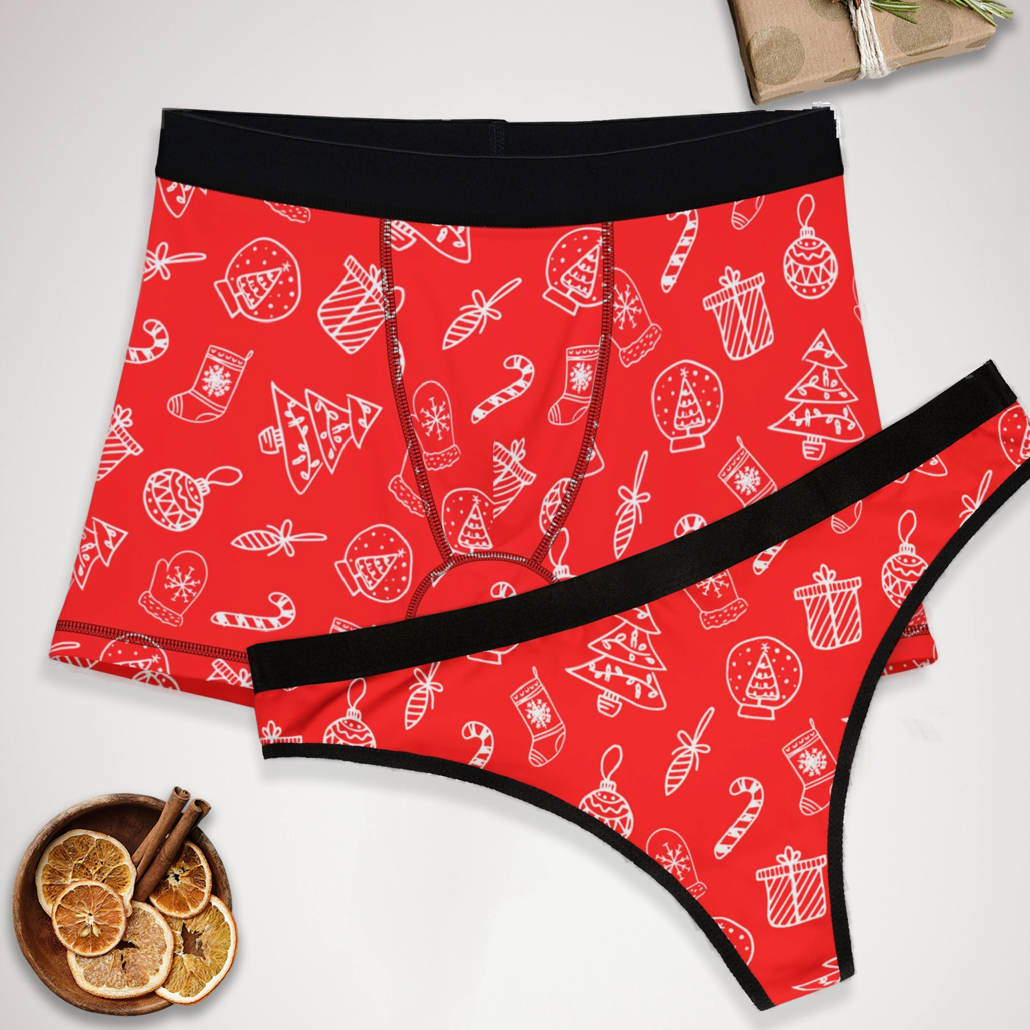 Matching underwear Red White Christmas for couples boxer & thong set