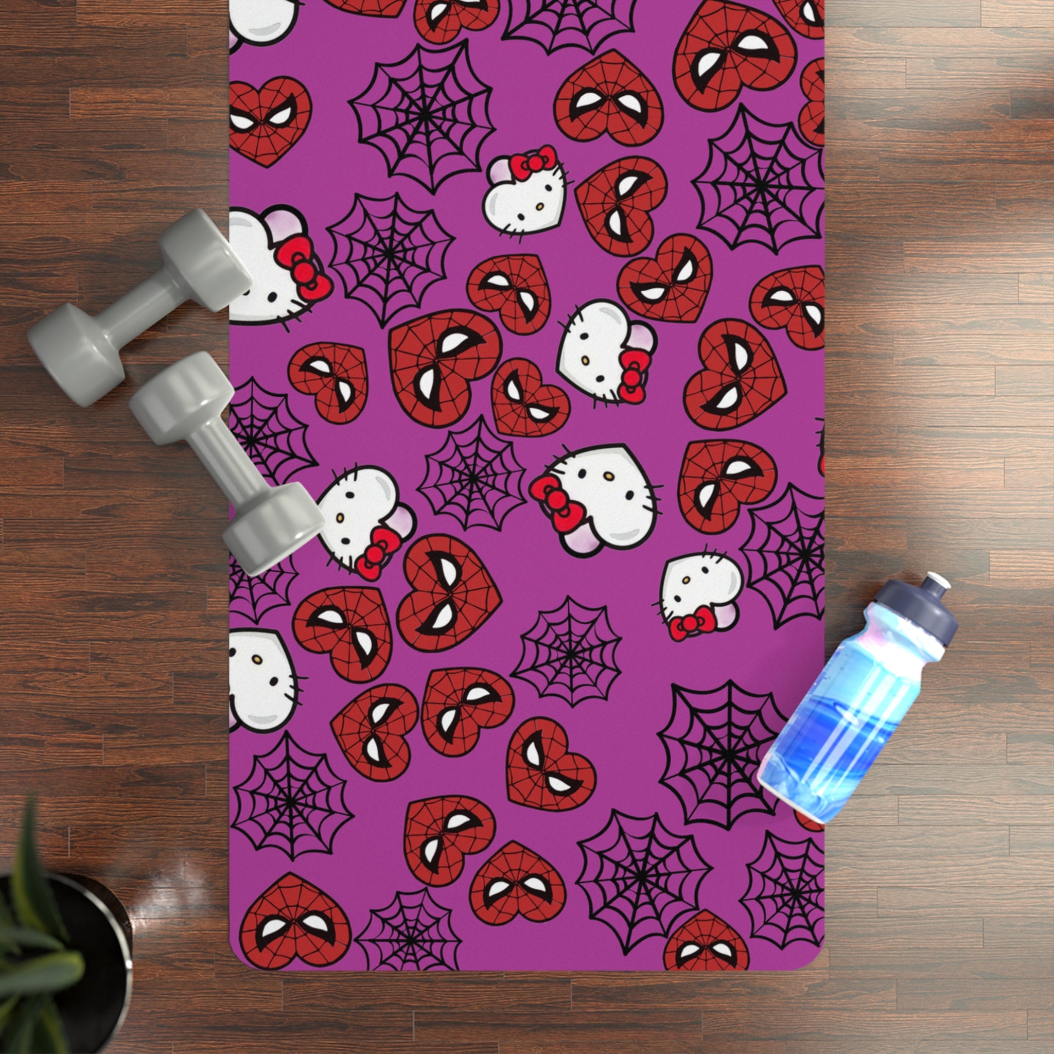 Rubber yoga mat kitty spider web heart purple