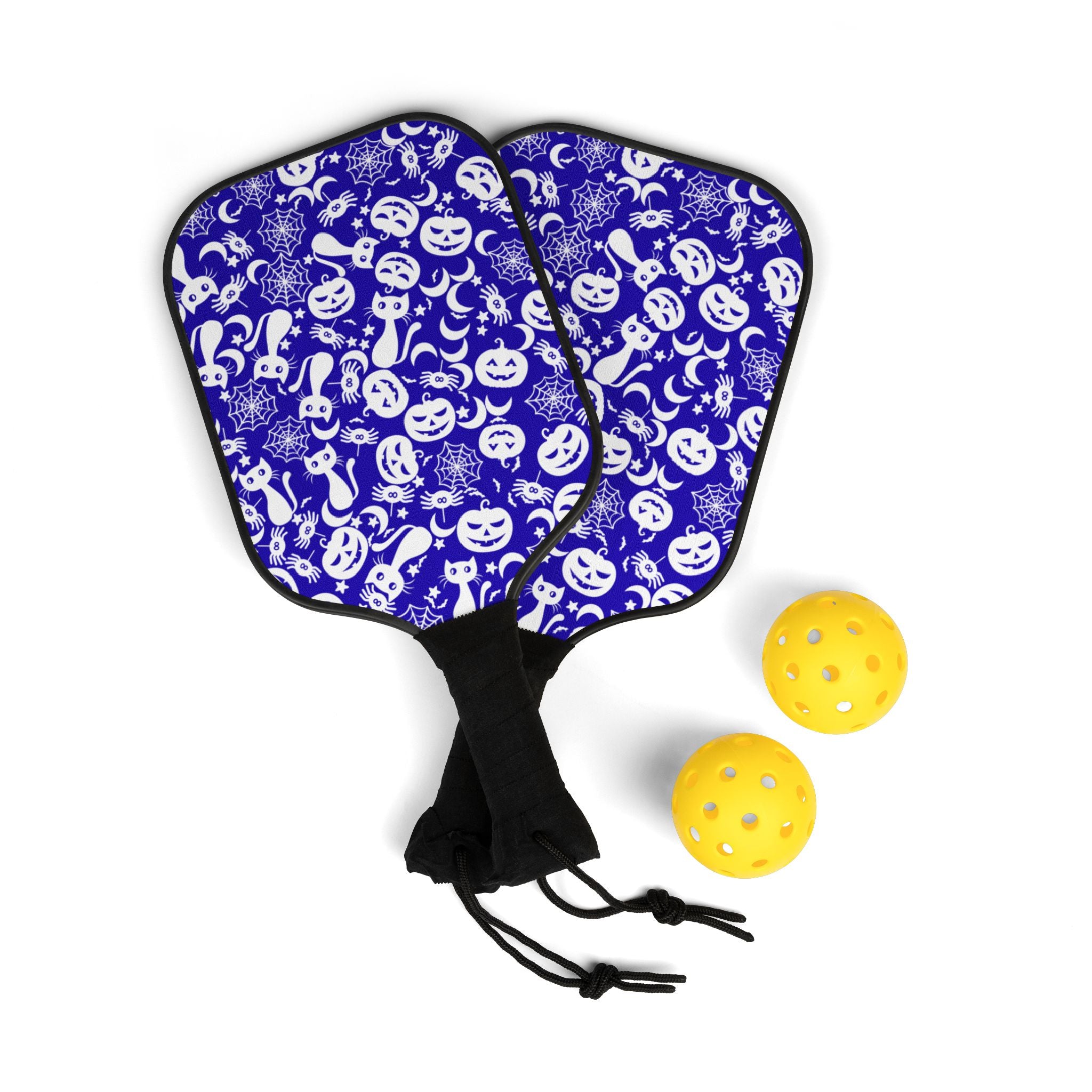 Pickleball kit (2 paddles + 2 balls + transparent bag) halloween pumpkin spider web blue