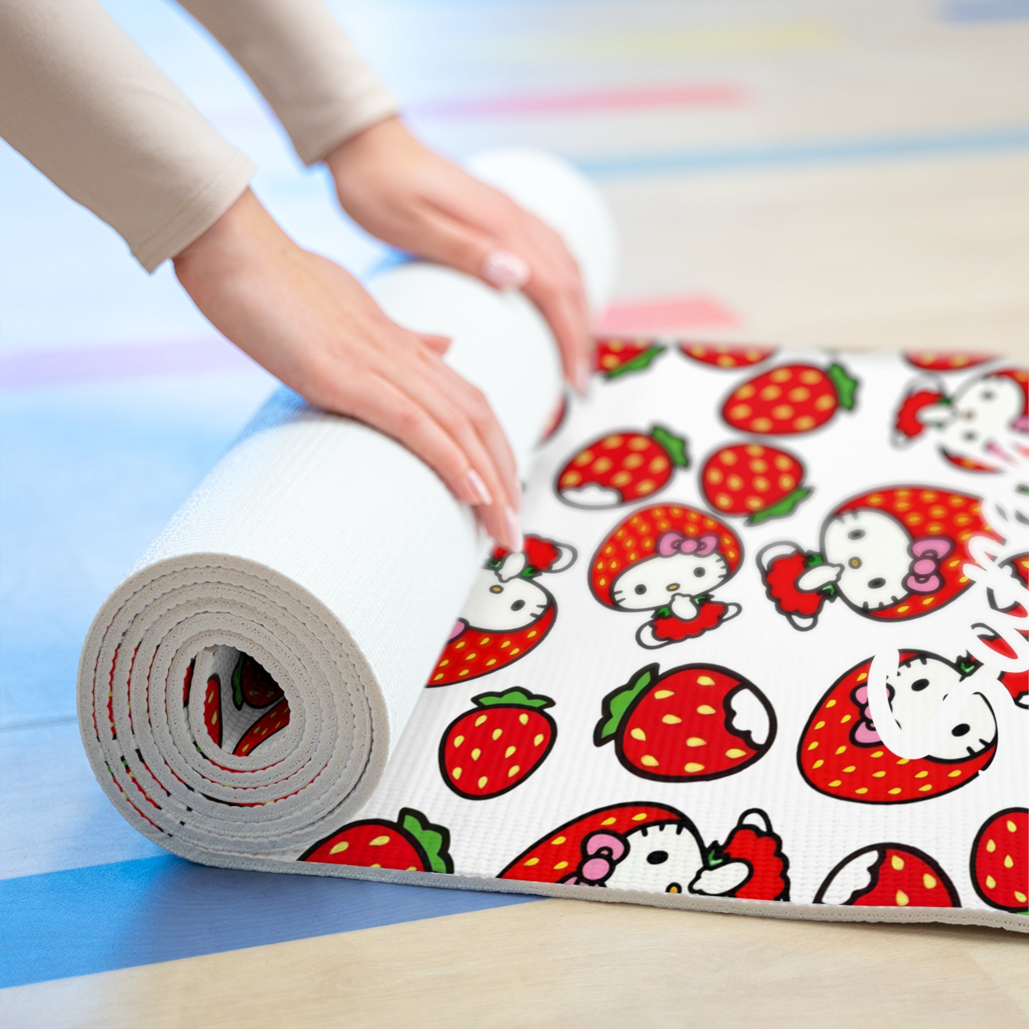 Custom name foam yoga mat kitty strawberry valentine white