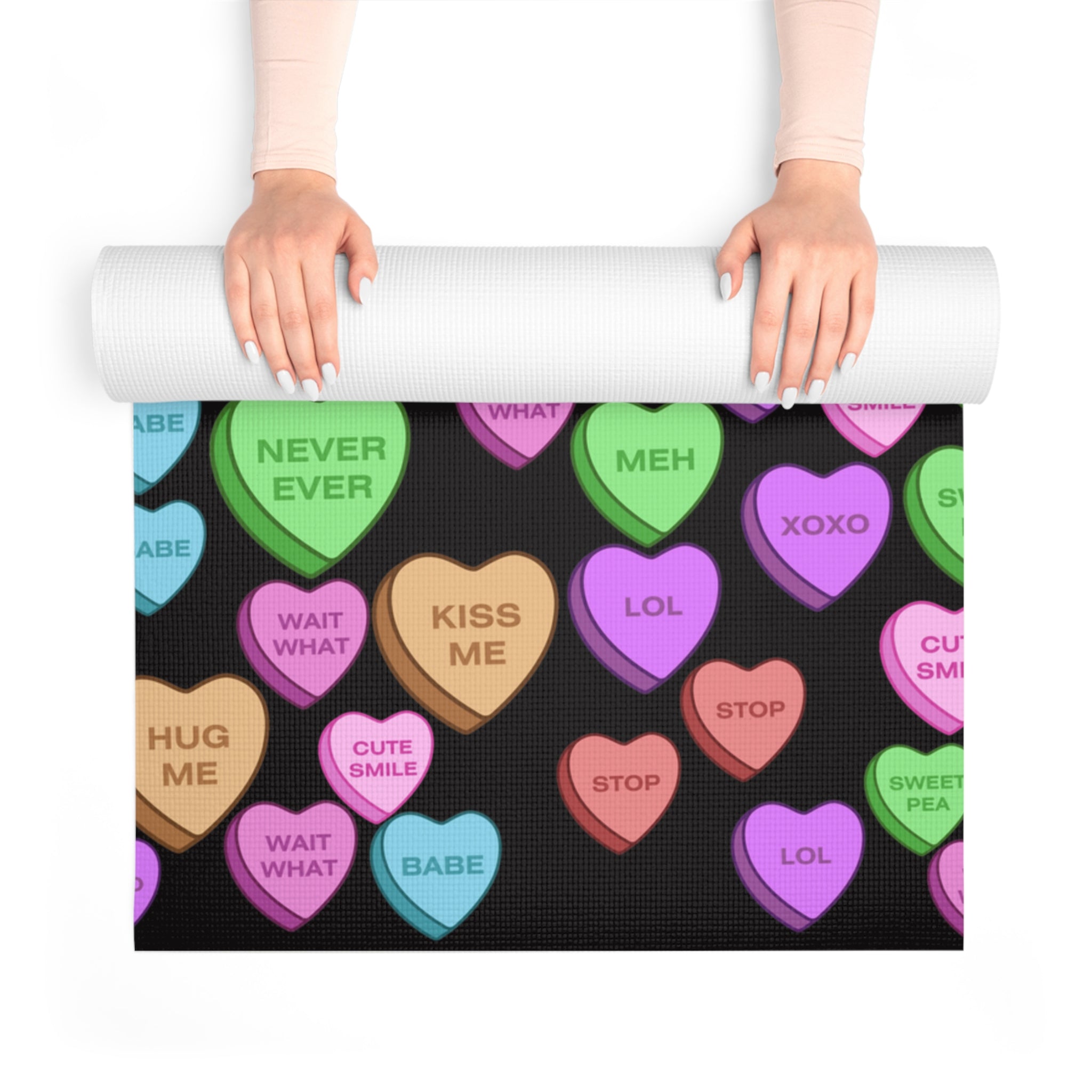 Foam yoga mat candy heart sweet valentine message black