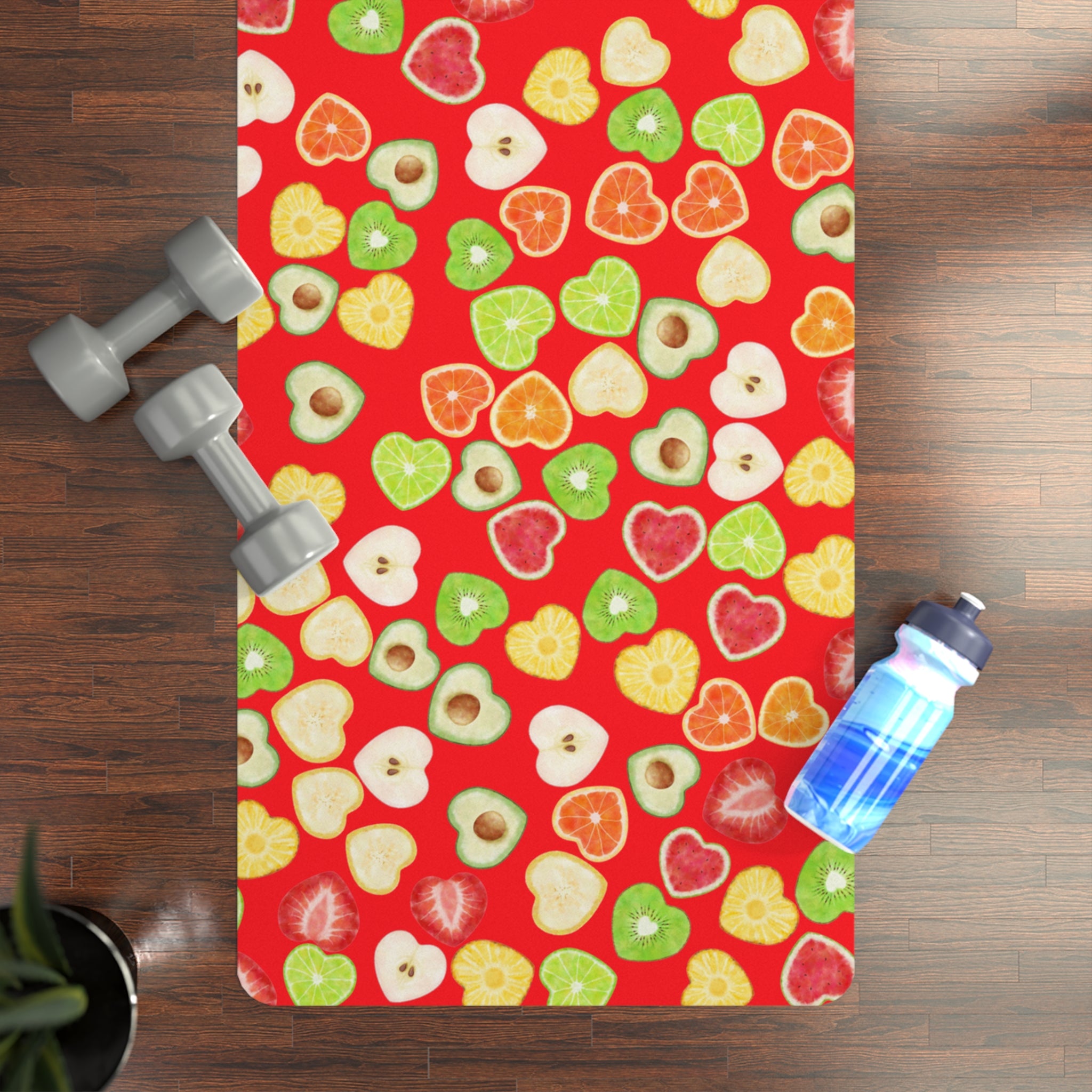 Rubber yoga mat heart fruits red