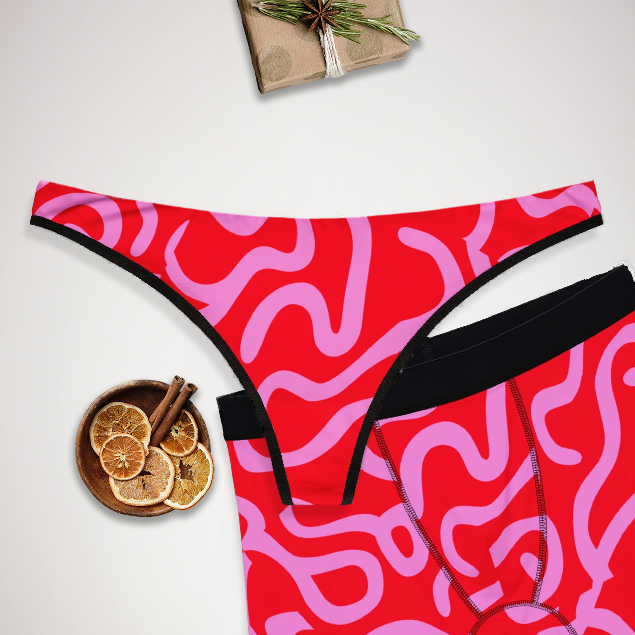 Matching underwear Red Swirl With Cursive for couples boxer & thong set