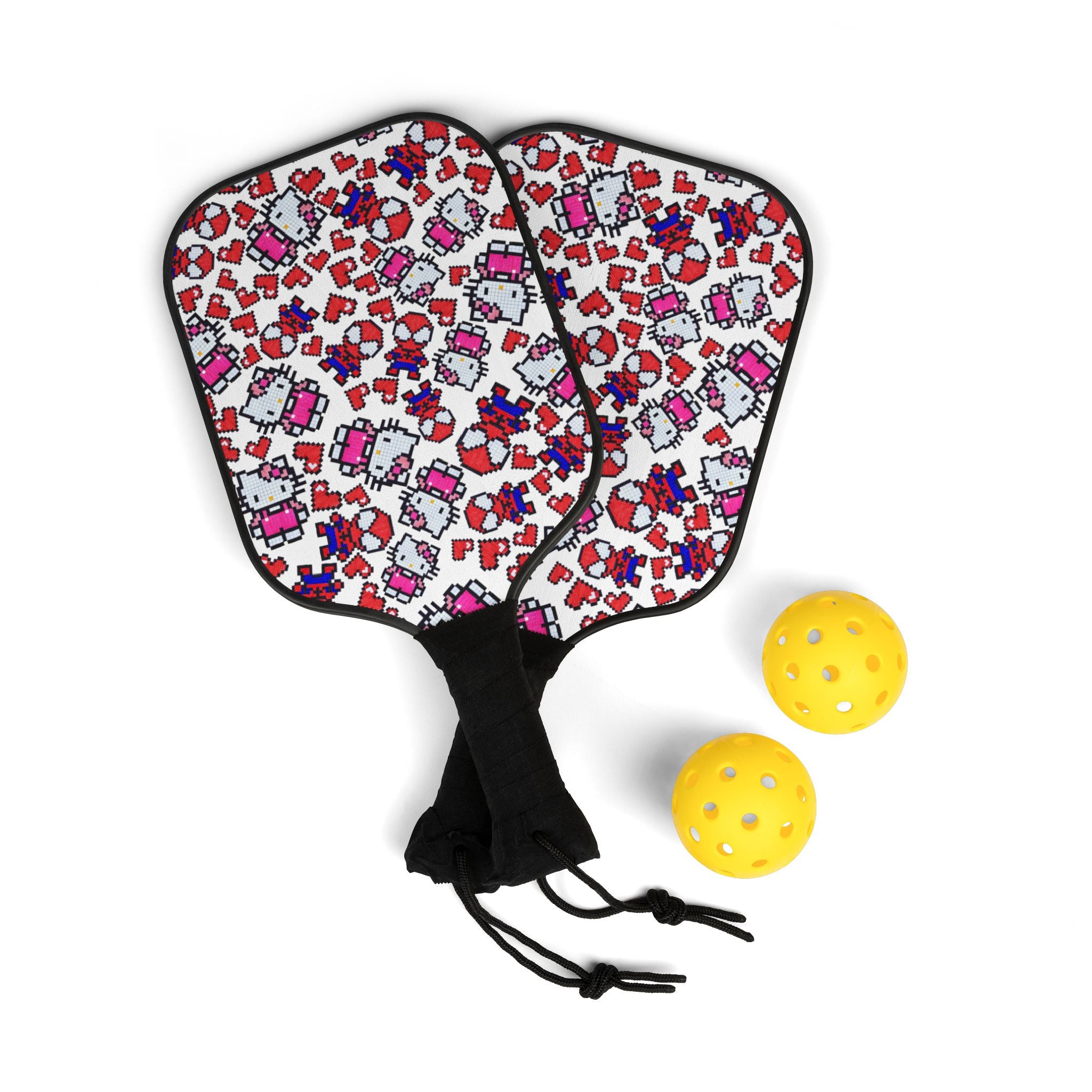 Pickleball kit (2 paddles + 2 balls + transparent bag) spider kitty pixel heart character love valentine white