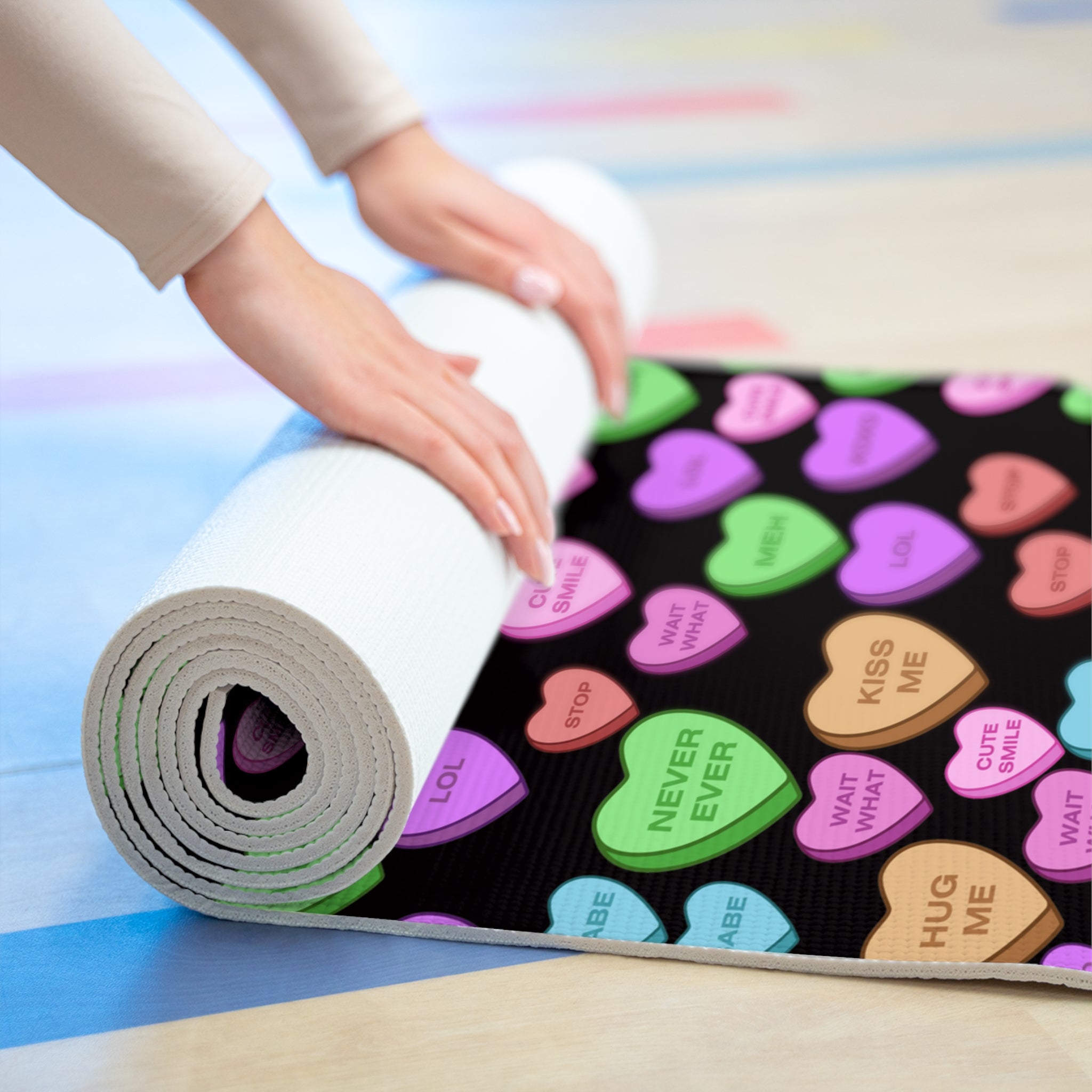 Foam yoga mat candy heart sweet valentine message black