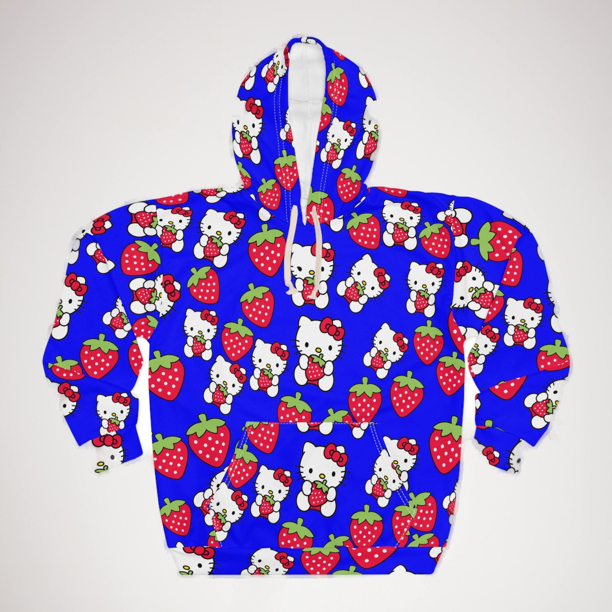 Unisex pullover hoodie kitty strawberry valentine love blue