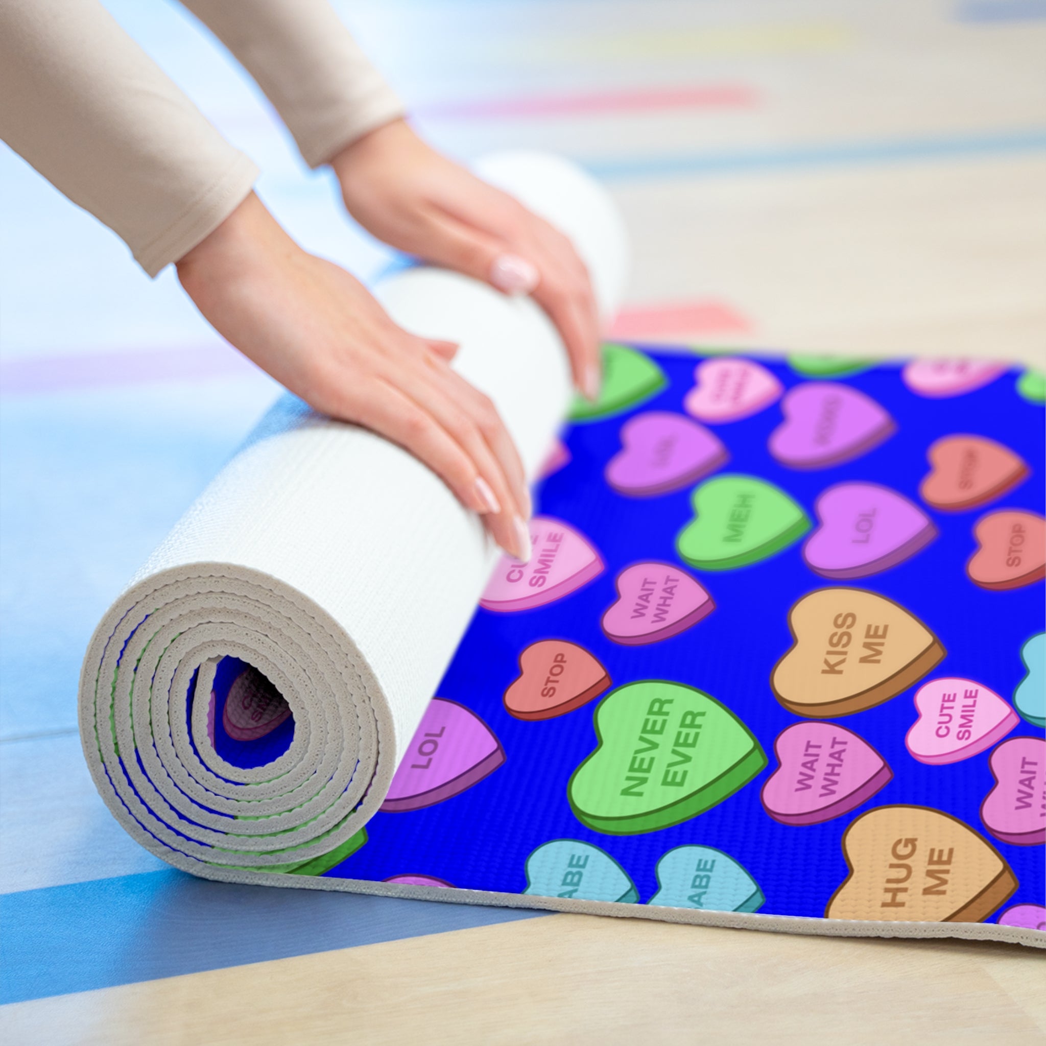 Foam yoga mat candy heart sweet valentine message blue