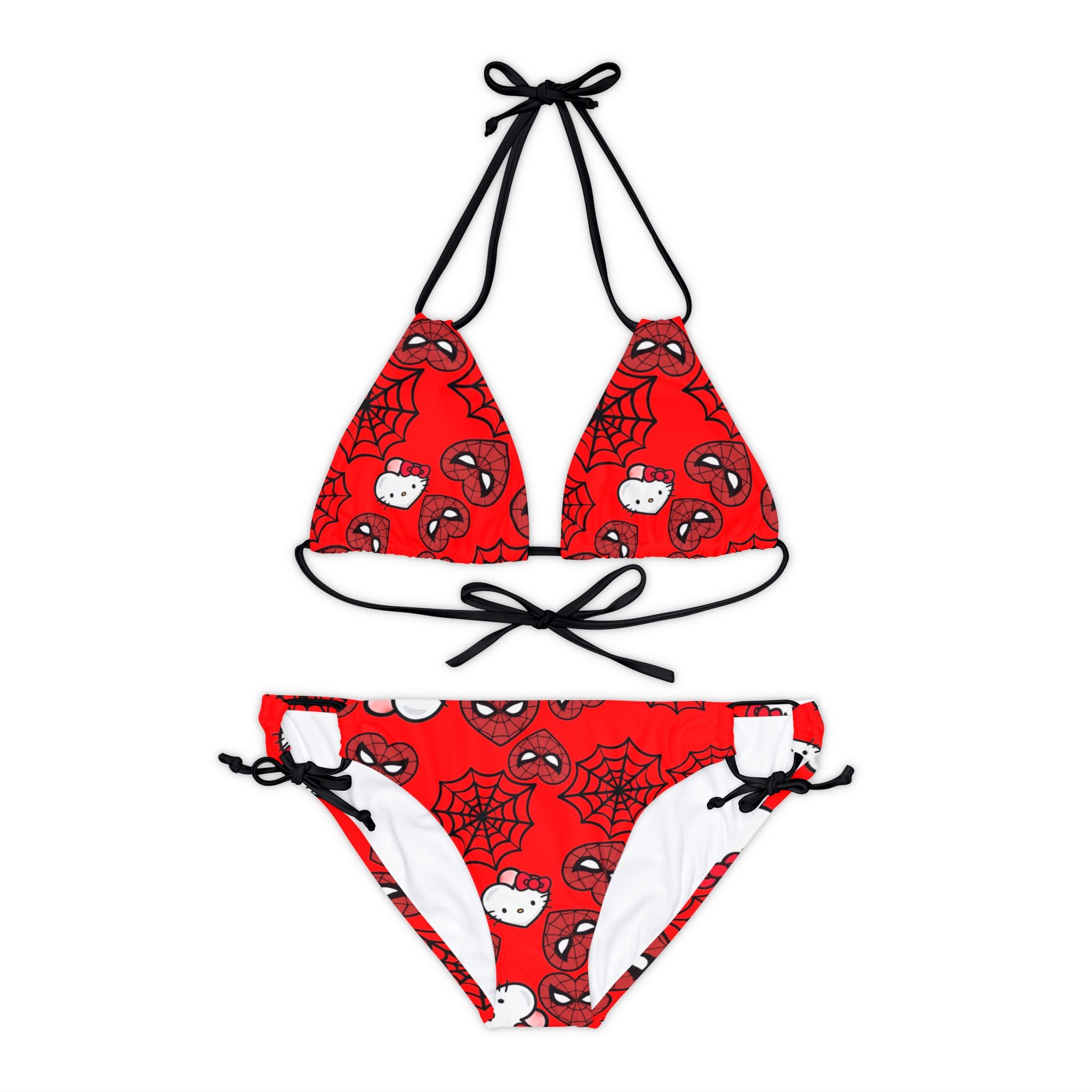 Strappy bikini set kitty spider web heart red