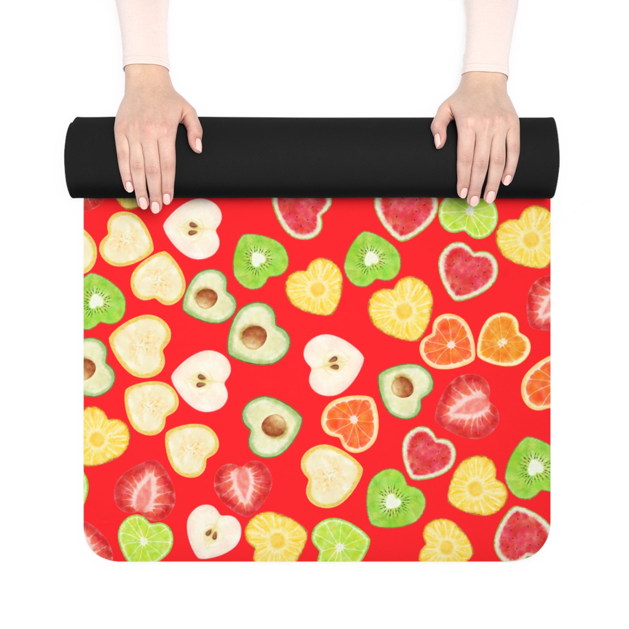 Rubber yoga mat heart fruits red